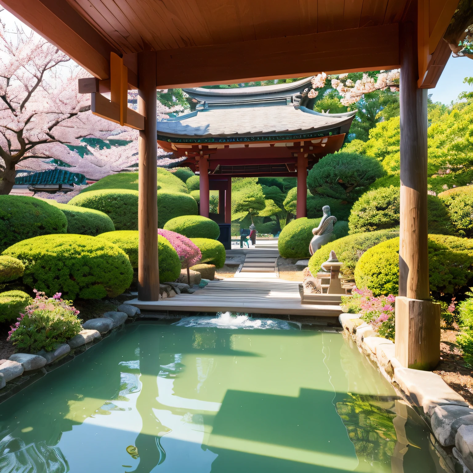 (digital painting),(best quality), serene Japanese garden, cherry blossoms in full bloom, koi pond, footbridge, pagoda, Ukiyo-e art style, Hokusai inspiration, Deviant Art popular, 8k ultra-realistic, pastel color scheme, soft lighting, golden hour, tranquil atmosphere, landscape orientation --auto