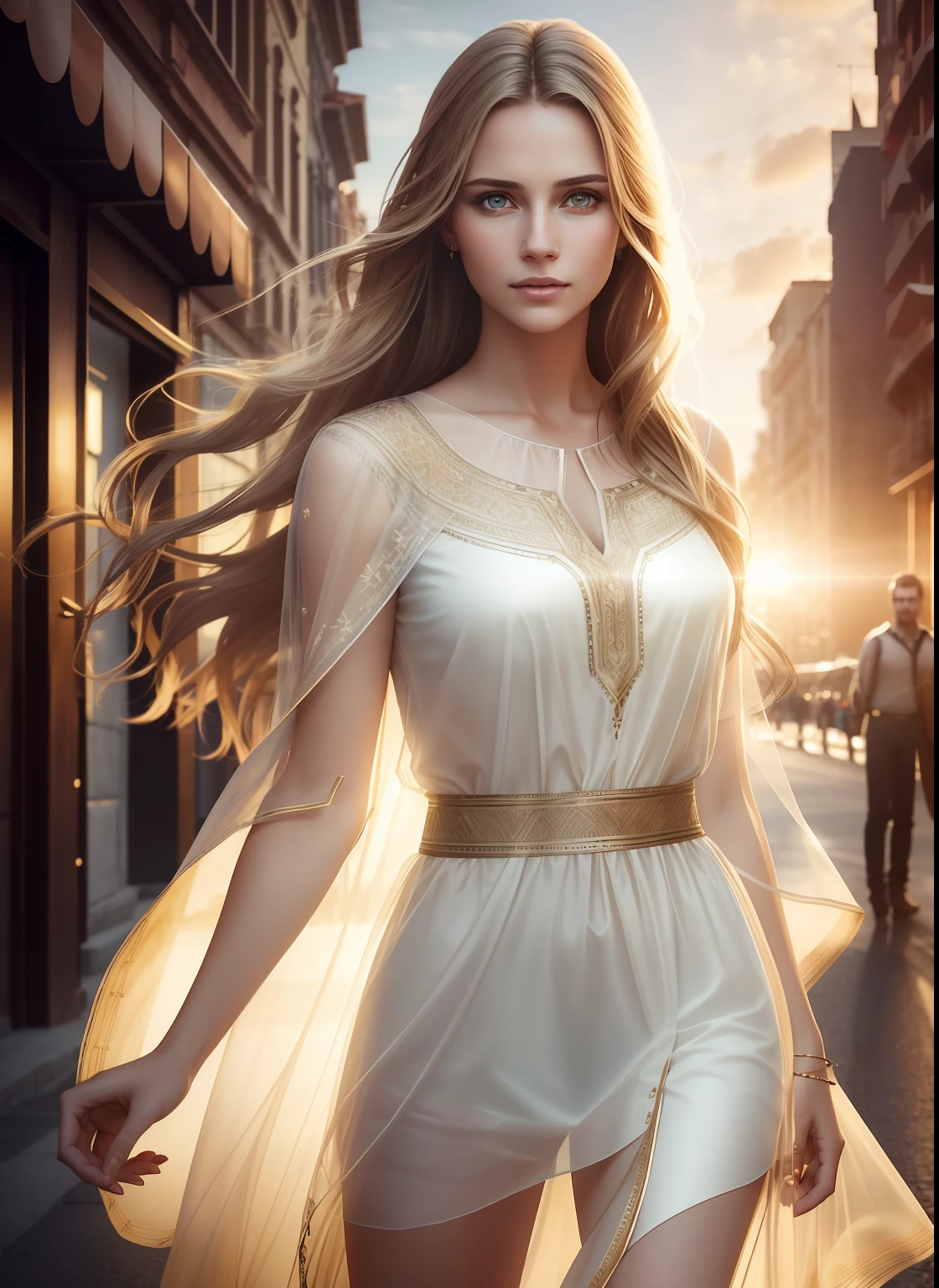 portrait photography, beautiful young woman with transparent western tunic dress, eyes visible through hair, proper eye position, natural skin, backlight, cinematic light, rim light, soft light , hips, in night time, city side background, detailed color graded background, intricate , highly detail, octane render, HD, 8k, by Annie Leibovitz