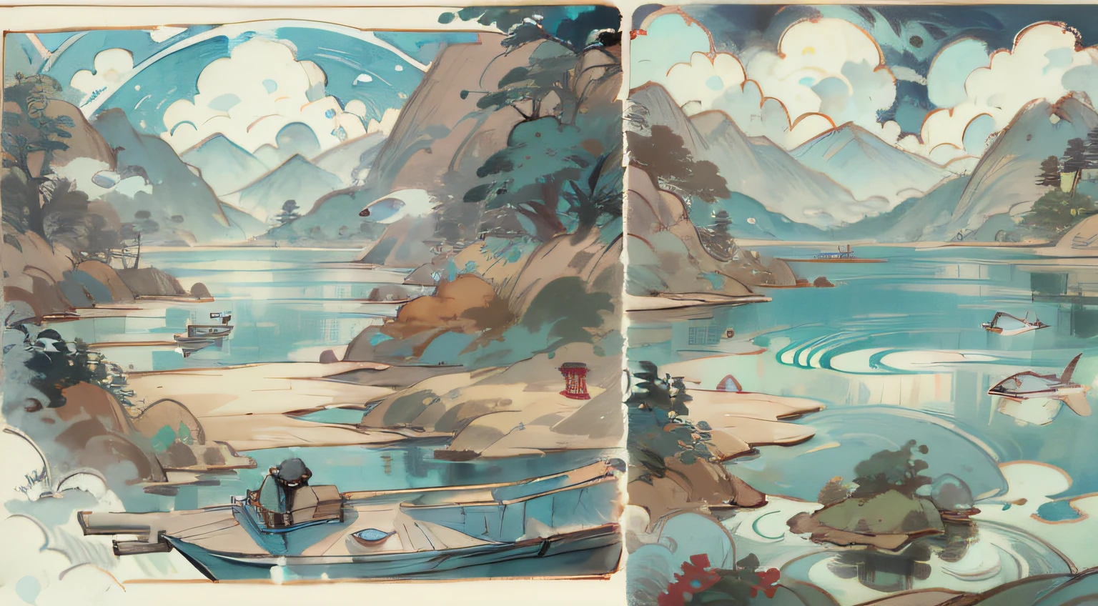 16K,DR，UHD,high details,Chinese classicism，Boating on the blue lake，Stir up slow ripples，One person sits on the edge of the stern，Hood cap，No face，Feet touching the surface of the water，The small stove around me burns the smoke of the circle，The sky is dotted with white clouds, but very light，The mountains in the distance are endless，A thousand miles away，Birds soar through the air，Fish playing in the water should still be visible，The water is clear，Top-down view of the mountain，The picture is beautiful。