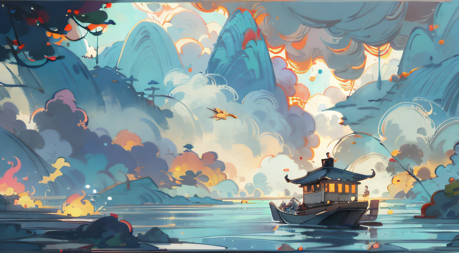 16K,DR，UHD,high details,Chinese classicism，Boating on the blue lake，Stir up slow ripples，One person sits on the edge of the stern，Hood cap，No face，Feet touching the surface of the water，The small stove around me burns the smoke of the circle，The sky is dotted with white clouds, but very light，The mountains in the distance are endless，A thousand miles away，Birds soar through the air，Fish playing in the water should still be visible，The water is clear，Top-down view of the mountain，The picture is beautiful。