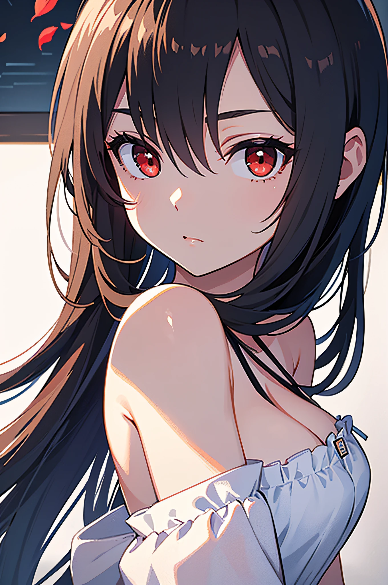(Masterpiece:1.2, Best quality), (fine detailed beautiful eyes: 1.2), ((1girll)), ((Solo)), (Red eyes:1.4), (finely detailed eyes and detailed face:1.3), (beautiful and clear background:1.2), (Extremely detailed CG, Ultra-detailed, Best shadow:1.1), ((Depth of field)), ((aquarelle)), (their:1.5), (komono:1.3), Large breasts, Bare shoulders, flowers and petals, Beautiful concept illustration, (White background:0.5), (illustration:1.1), (Extremely fine and beautiful:1.1), (Perfect details:1.1), From the side Side, Cowboy shot,