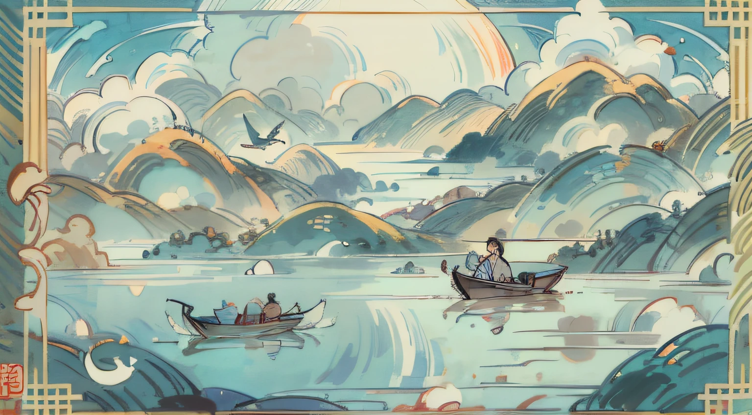16K，high detal，Chinese classicist style，Boating on Bihu Lake，Stir up slow ripples，One person sits in the stern，Hood cap，Feet touching the surface of the water，There was a small stove around him that was smoking in circles，White clouds in the sky，Mountains in the distance，Thousands of miles of blue water，Birds soar，Fish frolicking in the water，Clear water，Overlook from the mountain，Beautiful picture。