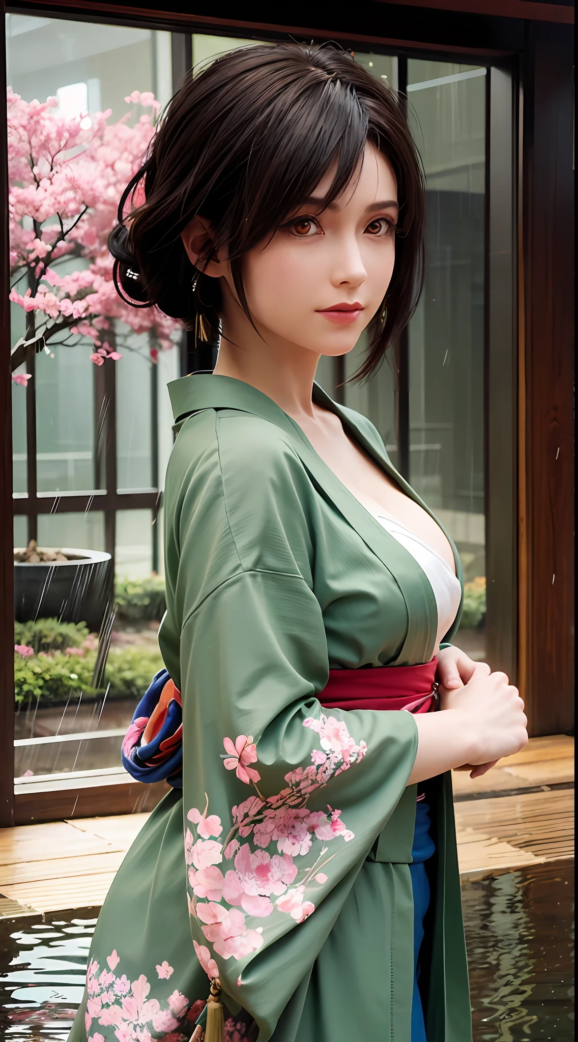 (Masterpiece, high resolution, illustration:1.3),half-body photo， Charming girl, closeup of face，(Flowing russet hair:1.2), Emerald green eyes, (Traditional samurai costume:1.1), Sakura themed kimono, , Old stone paved streets, Tokyo in cherry blossom season, (Petals flutter in the rain:1.2), misterious ambience, (illuminated lanterns:1.1), Comfortable storefront, Traditional wooden house, (Tranquil water reflection:1.2), pensive expression, tranquil ambiance, Gentle raindrops, Diagonal composition, Top-down perspective, Fantastic color scheme, Poetic storytelling.