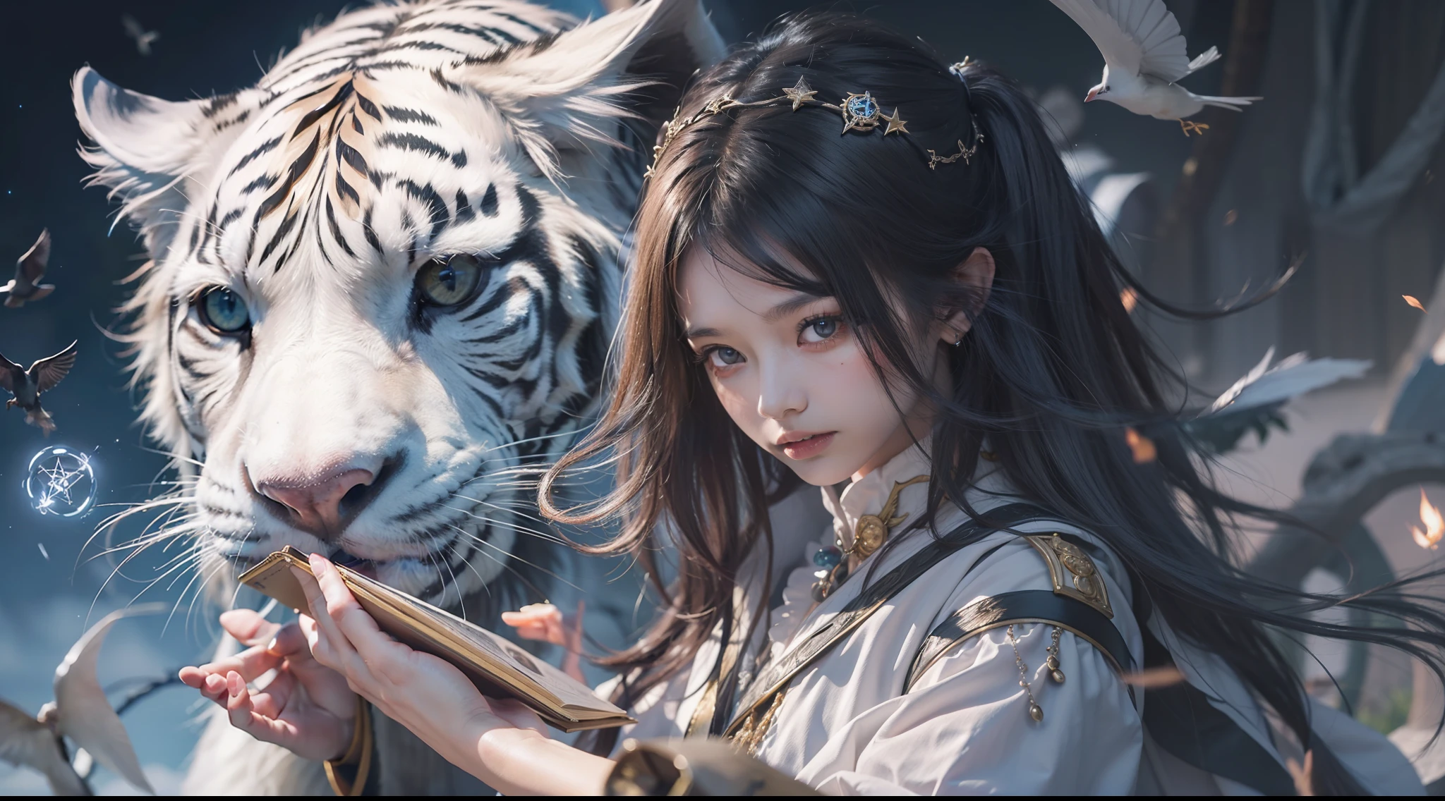 Magic Book,Blood,Night, Dark, (Fantasy),infinite,deep blue sky,The abyss of knowledge,Cowledge,((masutepiece)), (((Best Quality))),((Beautiful fine eyes)),(Eye lashes)、Beautiful girl riding a white tiger、(女の子1人)、Perfect human body structure、Black hair、The long-haired、abyss eyes、glowy skin、oils、small tits、(Bird body、pluma)、Wizard robes、tattered cloth、Realistic coat、Teenchi、elvish、Super delicate CG Unity 32k wallpaper、​masterpiece, ((ultra-detailliert)), ((illustratio)),colourfull,wall-paper,The energy,Unknown terror,Incomprehensible,Around the magic,Magical surroundings,magic wands,Boken,Flying pages,Know everything,Predict the future、Get to know the past、Infinite wisdom、blue flames、Warlock、magic circles、Pentagram、Spells、mantra、Singing magic