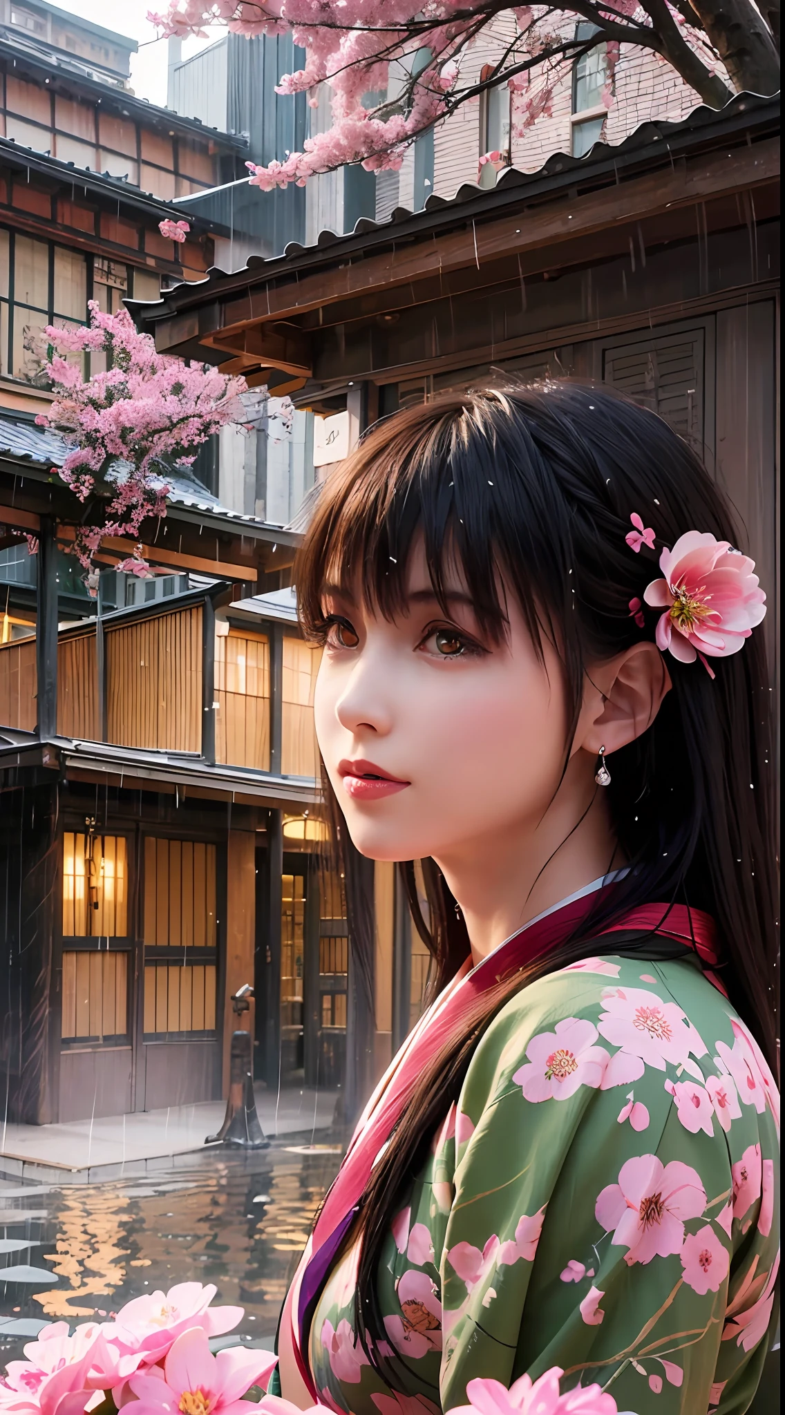 (Masterpiece, high resolution, illustration:1.3),half-body photo， Charming schoolgirl, closeup of face，(Flowing russet hair:1.2), Emerald green eyes, (Traditional samurai costume:1.1), Sakura themed kimono, , Old stone paved streets, Tokyo in cherry blossom season, (Petals flutter in the rain:1.2), misterious ambience, (illuminated lanterns:1.1), Comfortable storefront, Traditional wooden house, (Tranquil water reflection:1.2), pensive expression, tranquil ambiance, Gentle raindrops, Diagonal composition, Top-down perspective, Fantastic color scheme, Poetic storytelling.