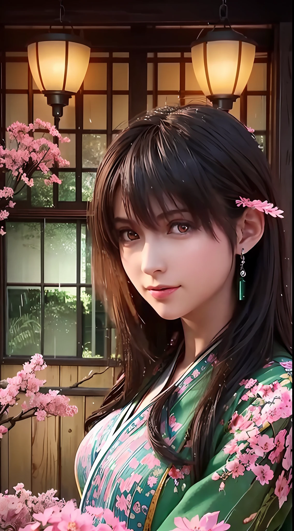 (Masterpiece, high resolution, illustration:1.3),half-body photo， Charming schoolgirl, closeup of face，(Flowing russet hair:1.2), Emerald green eyes, (Traditional samurai costume:1.1), Sakura themed kimono, , Old stone paved streets, Tokyo in cherry blossom season, (Petals flutter in the rain:1.2), misterious ambience, (illuminated lanterns:1.1), Comfortable storefront, Traditional wooden house, (Tranquil water reflection:1.2), pensive expression, tranquil ambiance, Gentle raindrops, Diagonal composition, Top-down perspective, Fantastic color scheme, Poetic storytelling.