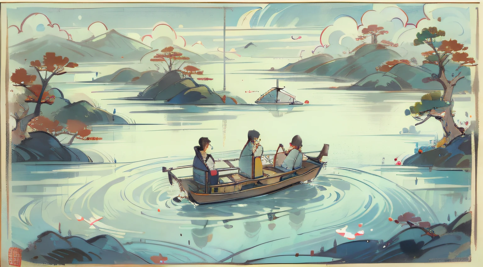 16K，high detal，Chinese classicist style，Boating on Bihu Lake，Stir up slow ripples，One person sits in the stern，Hood cap，Feet touching the surface of the water，There was a small stove around him that was smoking in circles，White clouds in the sky，Mountains in the distance，Thousands of miles of blue water，Birds soar，Fish frolicking in the water，Clear water，Overlook from the mountain，Beautiful picture。