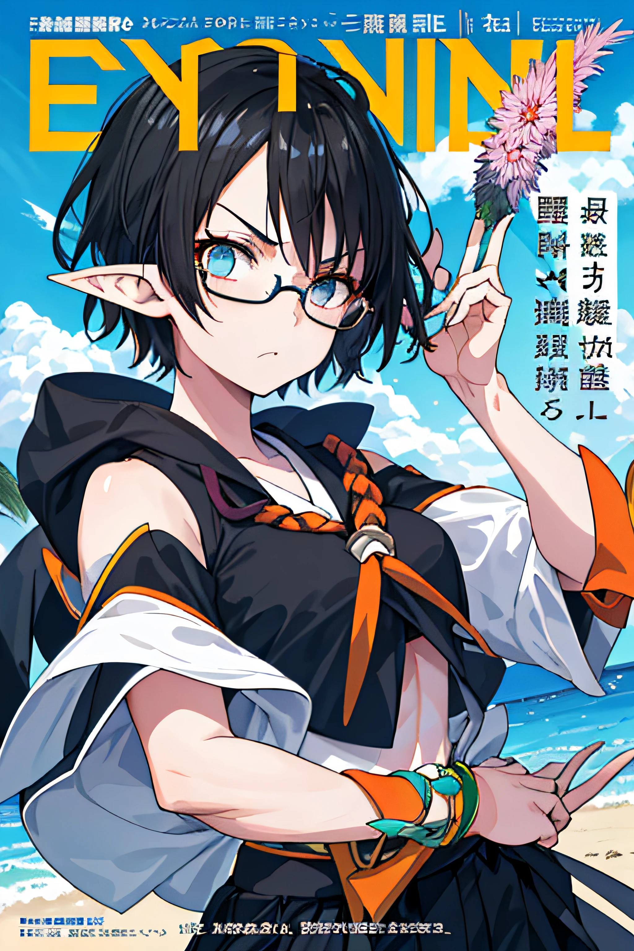 1girl, dynamic pose, really short blac khair, glasses, elf ears, muscular body, serious type, eye bags, serious eyes expression, summer school outfit, pissed expression, summer vibe, summer time, summer fun activity (summer magazine cover, japanese text, clean font, sharp text)