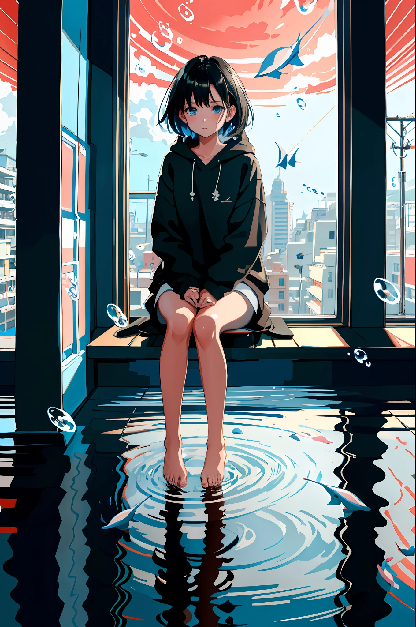 lineart, 
1girl, solo, short hair, black hair, long sleeves, sitting, barefoot, indoors, hood, bare legs, phone, table, knees up, desk, fish, bubble, underwater, air bubble,