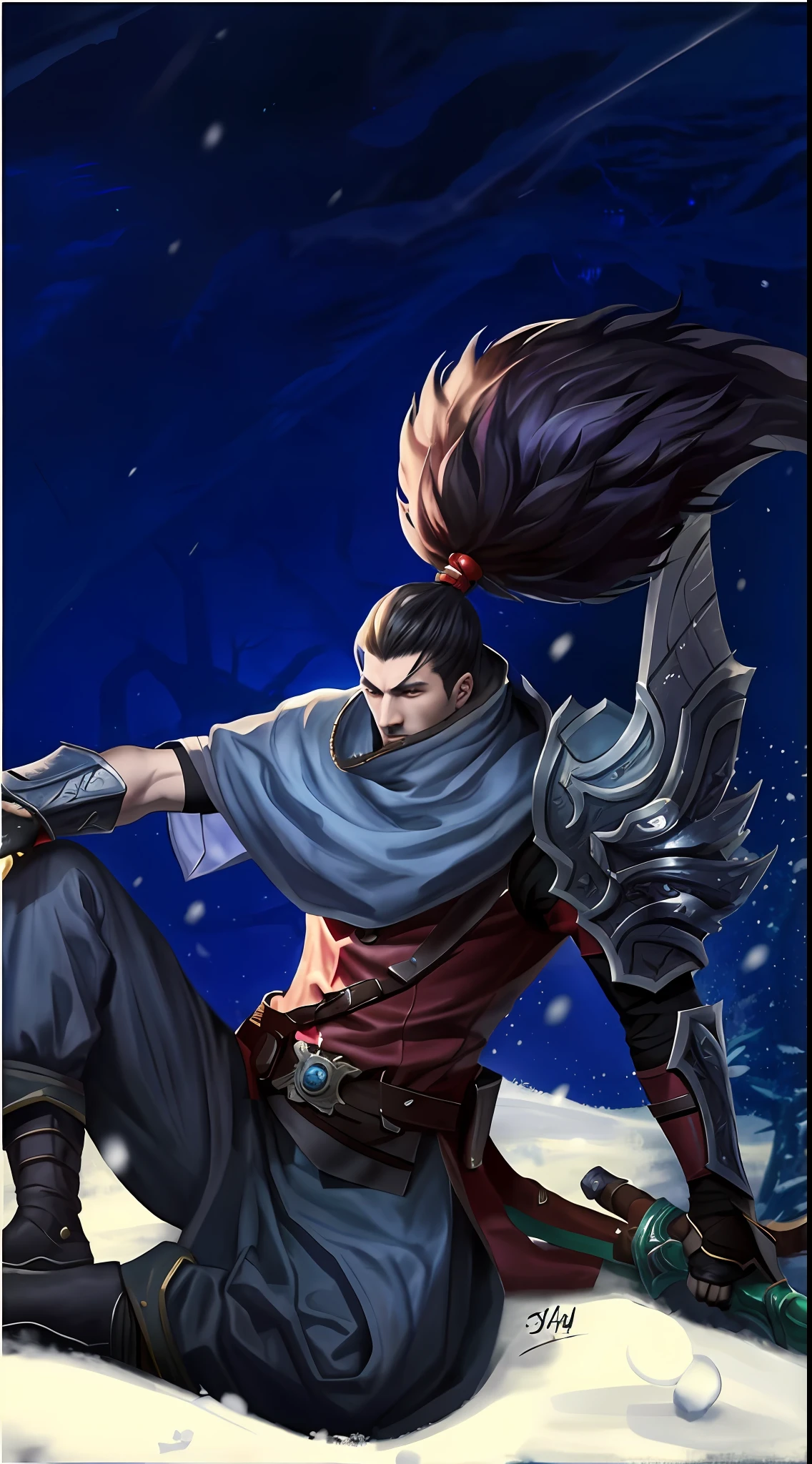 a drawing,A man with a sword sits on snow-covered ground, Silas, League of Legends character, league of legends character art, style of league of legends, inspired by Li Kan, from league of legends, G Liulian art style, Splash Art, iconic character splash art, style league of legends, wild rift, arcane jayce