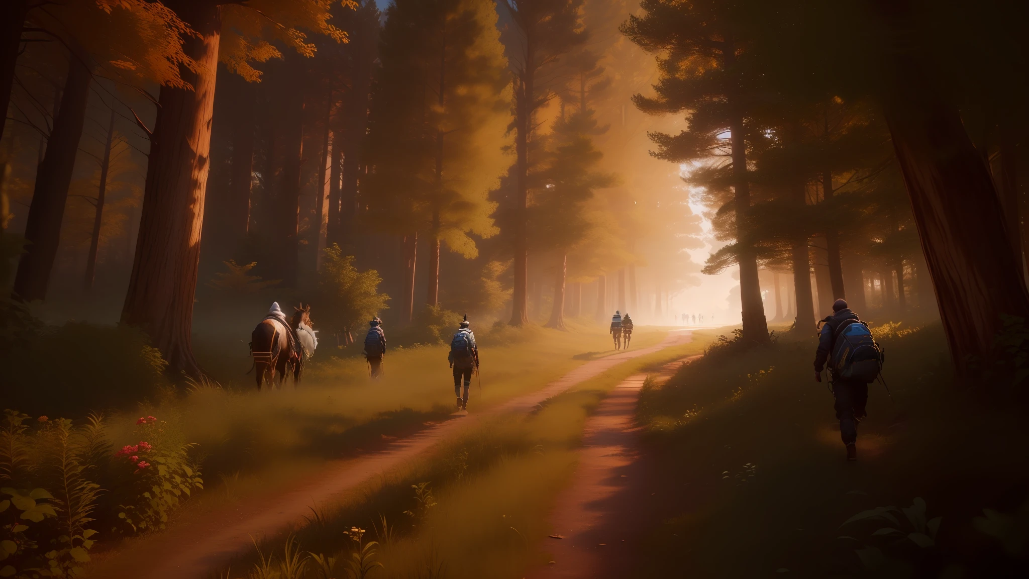 Um grupo de amigos, caminhando numa floresta assustadora, Backview, Estilo Unreal Engine