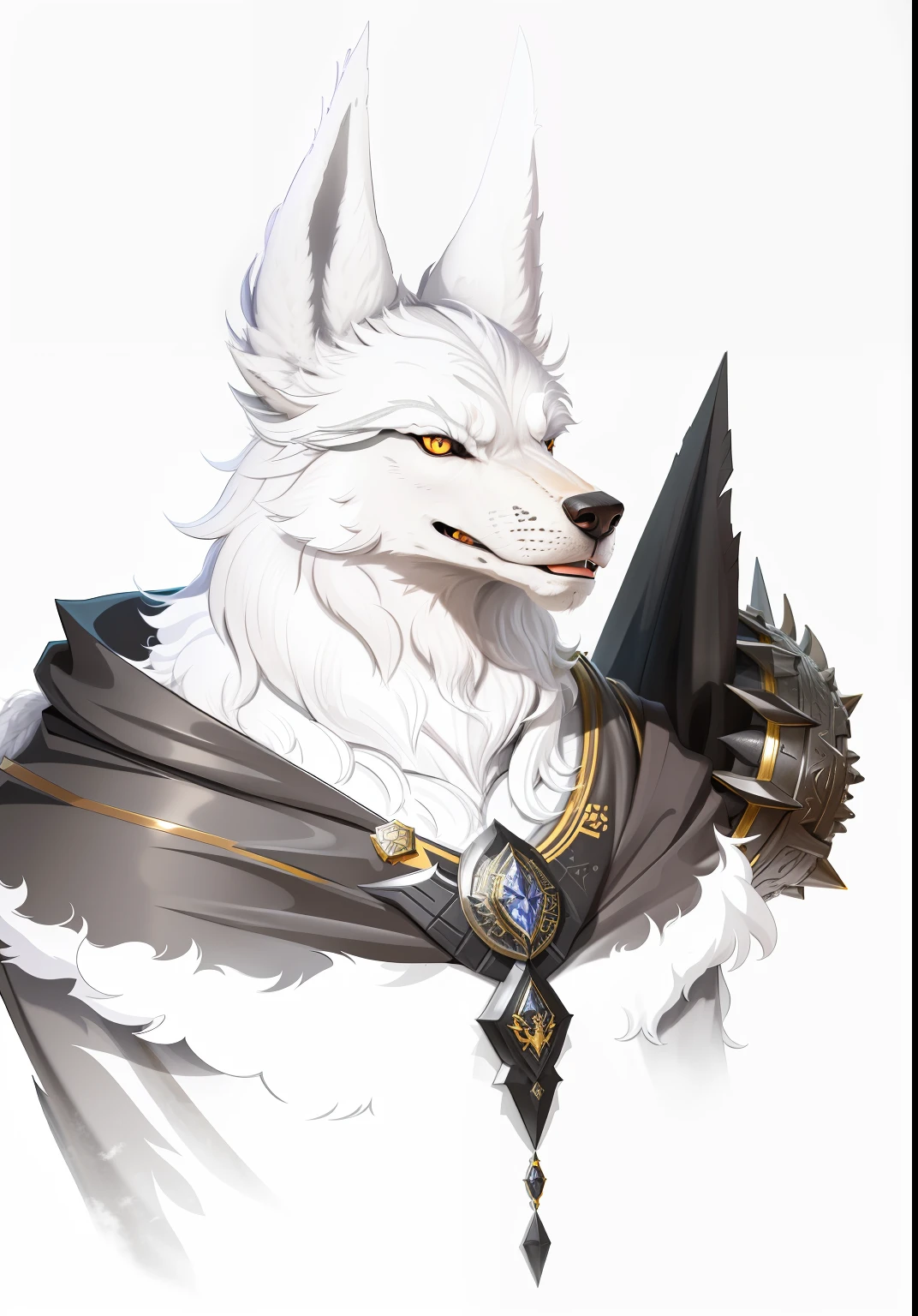 Werewolf in a cloak,anthro wolf face, professional furry drawing, White hair,Black cape,Black and gold,furry character portrait,an anthro wolf, wearing intricate fur armor, Armour,egyption,Anubis,Thick coating,CG,magia,Metal animal motif,Large metal beast head and shoulders armor,Metal edges,Textured,Pattern,Pedras preciosas,Refinement,Fine painting,Refinement,8K,infinite details