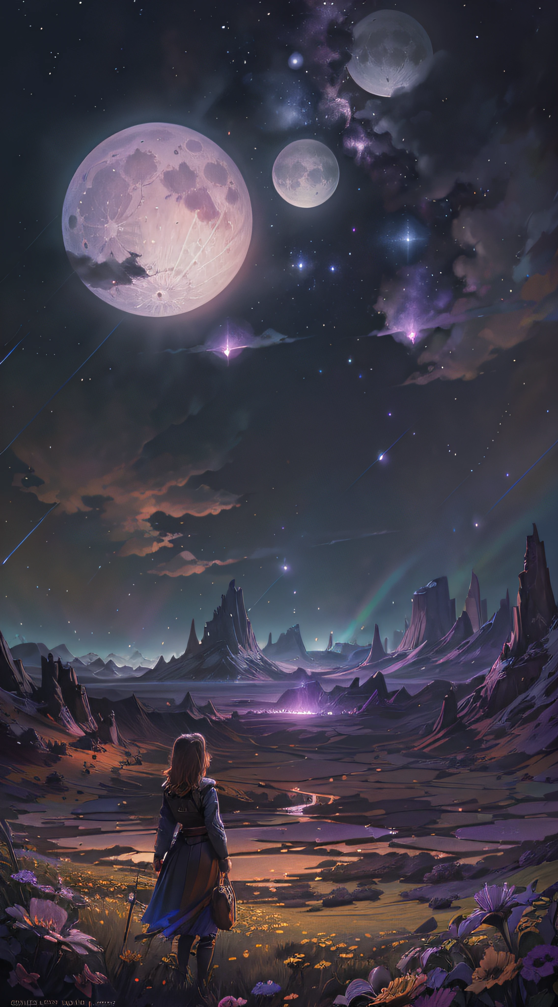 expansive landscape photograph, (Look below.), Above is the sky, Below is an open field), A girl standing on a flower field looking up, (Full Moon: 1.2), (Meteor: 0.9), (Nebula: 1.3), distant mountain, Tree BREAK making art, (Warm light source: 1.2), (Firefly: 1.2), lights, Lots of purple and orange, complicated detail, volume lighting, Realism BREAK (Masterpiece: 1.2), （best quality）, Ultra-detailed, (Dynamic composition: 1.4), RAWExtremely detailed, Colorful details, (Rainbow colors: 1.2), (glowing lighting, atmospheric lighting), Dreamlike, Magical, (Solo: 1.2), 4k