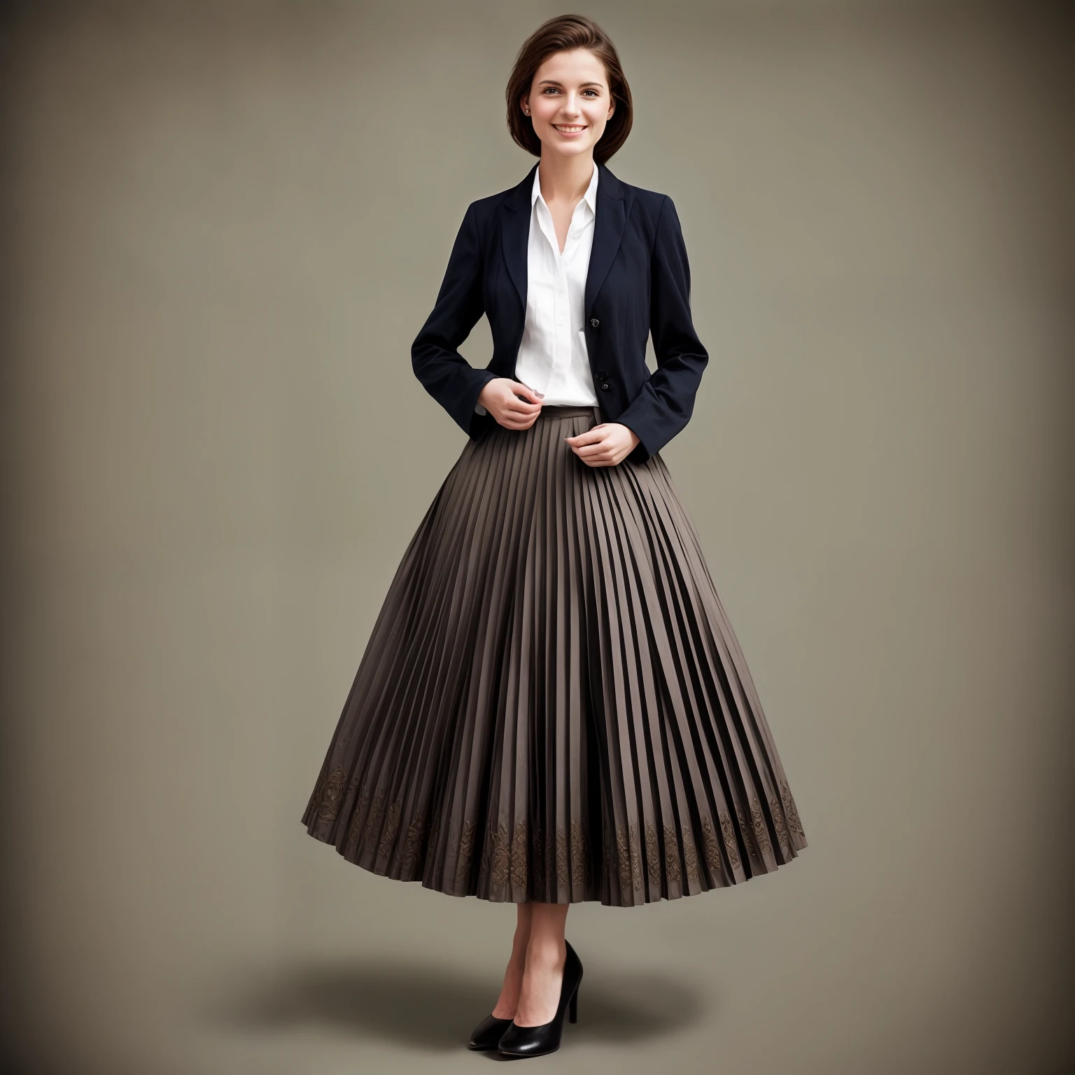 authentic (very shy:1,4 smiling) good woman wearing a short blazer with a very very detailed (long (fully pleated) full circle skirt) and (simple) low heeled office shoes, very very intricate hyper-detailed symmetric (attractive graceful young feminine face) with (sad, tired eyes and shy smile:1,1), full of empathy and compassion and love, (pronounced (feminine) features), (highly detailed ultra accurate realistic) hands and fingers, (windy conditions and wind blowing), epic composition, highly detailed attributes, highly detailed atmosphere, (35mm f1.4 Kodak portra 400 photograph), extremely high quality RAW photograph, intricate, Exquisite details and textures,