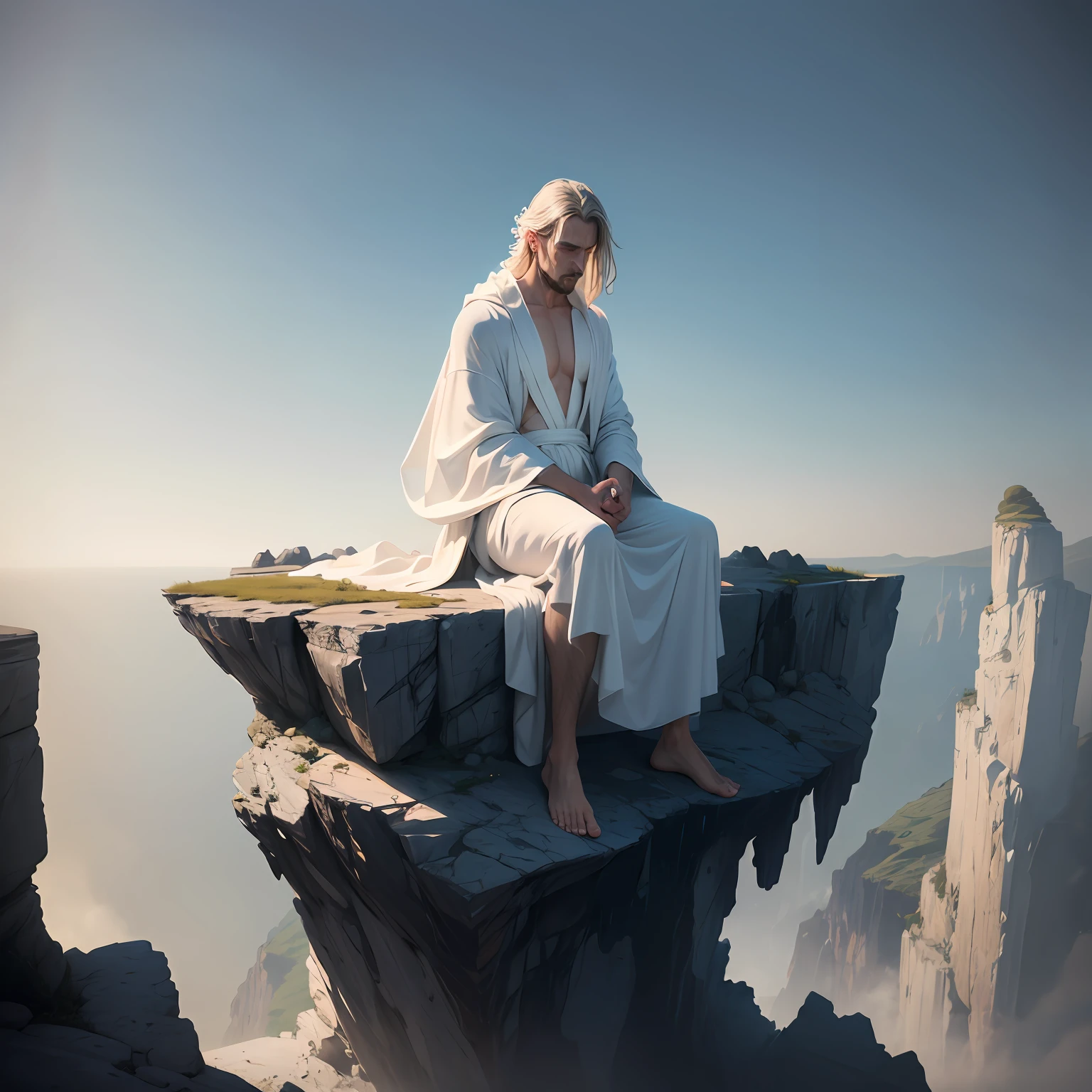 4K，Complicated details，HighestQuali，Lots of white space，soft，Silky，A man in a robe sits alone on the edge of a cliff，looking at the distance，The tone suppresses sadness，deep colour