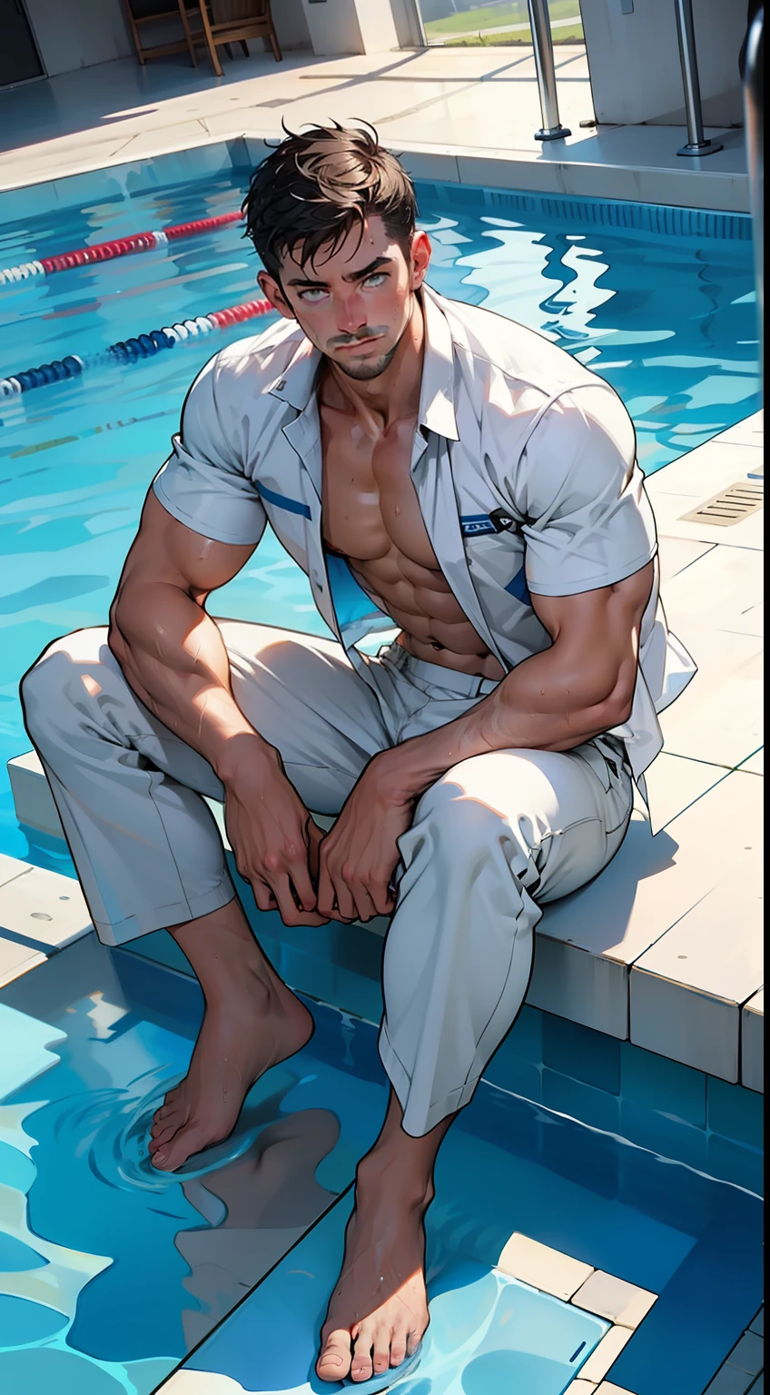 masterpiece, best quality, face, natural eyes, 1man, european, big feet,, (no shoes), full body, (in suits), large bulge, long legs, looking at viewer, 30 years old, muscled and mature, short haircut, a pilot sitting in the swimming pool with legs streched, well-developed chest, eight-pack abs, wet pilot uniform, pilot, blue eyes, flush, organism, face covered with white fluids, sweating, tight cloth, erecting, pale skin, sweat, indoor swimming pool, wearing wet pilot uniform, wet clothing, full body, barefoot, big feet, solo, 1 man, wearing only underwear, naked, topless, tight underwear, no pants, steaming air, sweating, hot, sexy, sunshine male,standing by the swimming pool, swimming, sitting in the swimming pool, from an upper angle