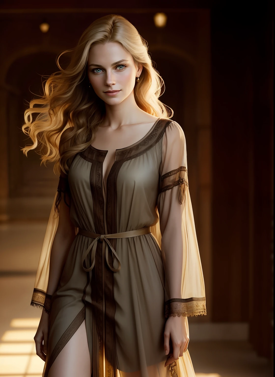 portrait photography, Beautiful young woman with sheer western tunic dress, Eyes, Smiling, Benevolent face, visible through the hair, proper eye position, Natural skin, back light, cinematiclight, bezel light, soft light, thights, at nighttime, city backdrop, Detailed colored background, intrikate, higly detailed, Octane rendering, HD, 8k, Annie Leibovitz