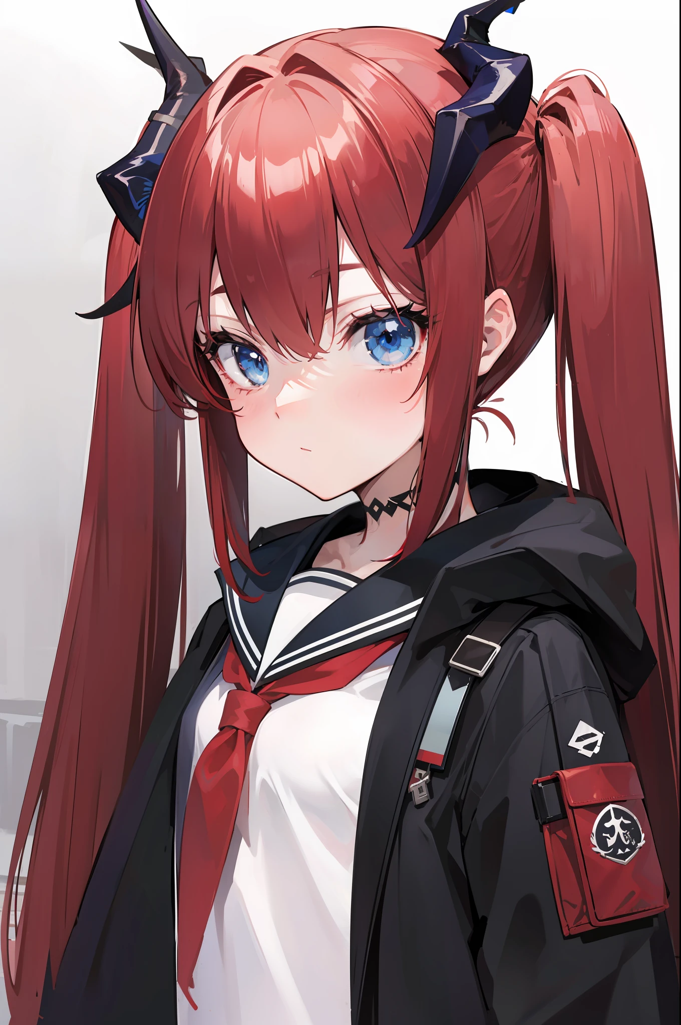 red hair, blue eyes, twintails,Sailor suit,Dragon horns,coat,red Pleated skirt,solo,1girl, arknights, long hair, loli,
