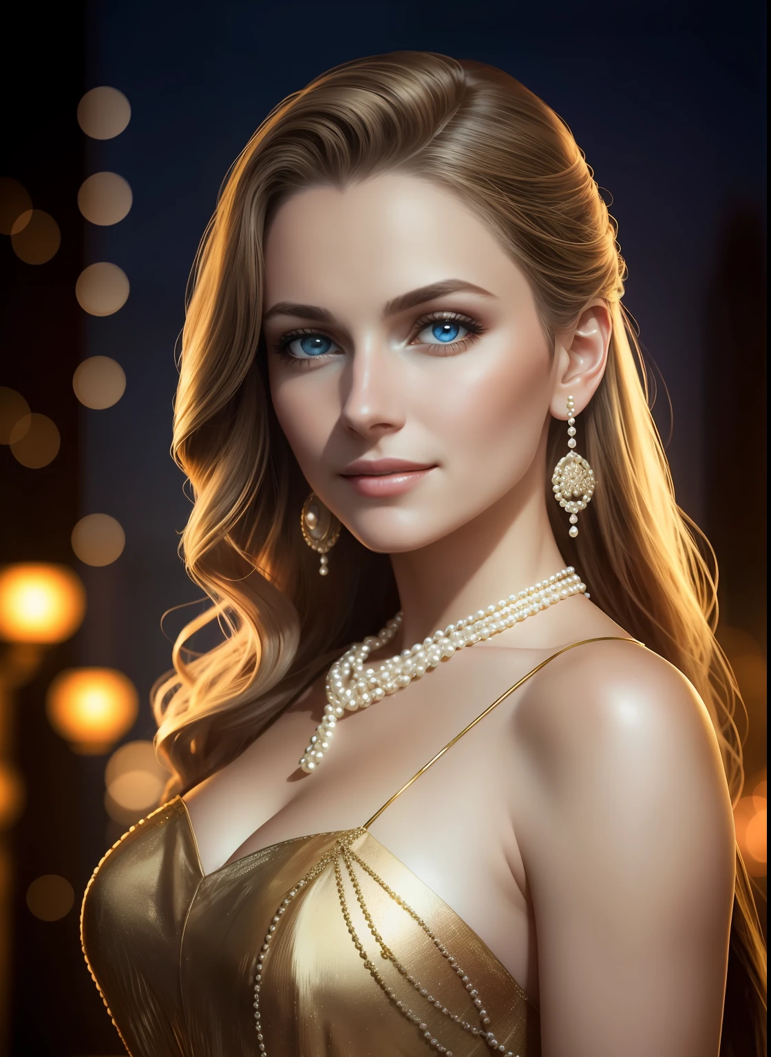 portrait photography, Beautiful young woman in sheer western dress, pearls, Expensive gold jewelry, blue eyes, Smiling, Benevolent face, Benevolent posture, visible through the hair, proper eye position, natural skin, back light, cinematiclight, bezel light, soft light, thights, at nighttime, city backdrop, Detailed colored background, intrikate, higly detailed, Octane rendering, HD, 8K, Annie Leibovitz