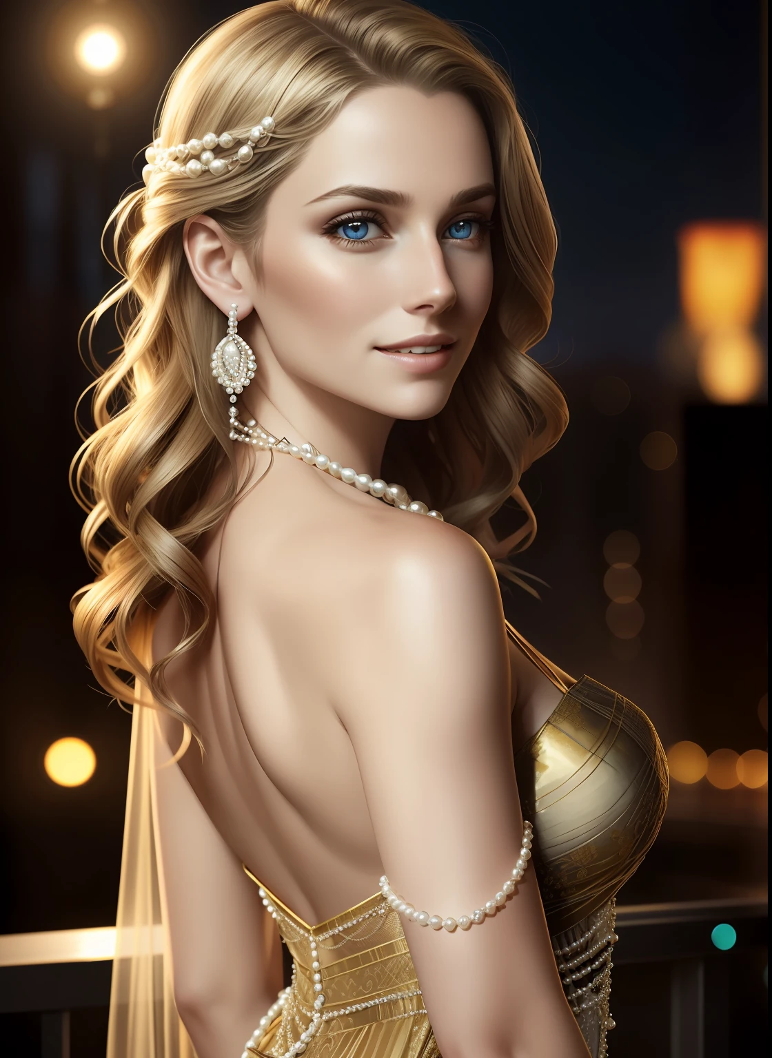 portrait photography, Beautiful young woman in sheer western dress, pearls, Expensive gold jewelry, blue eyes, Smiling, Benevolent face, Benevolent posture, visible through the hair, proper eye position, natural skin, back light, cinematiclight, bezel light, soft light, thights, at nighttime, city backdrop, Detailed colored background, intrikate, higly detailed, Octane rendering, HD, 8K, Annie Leibovitz