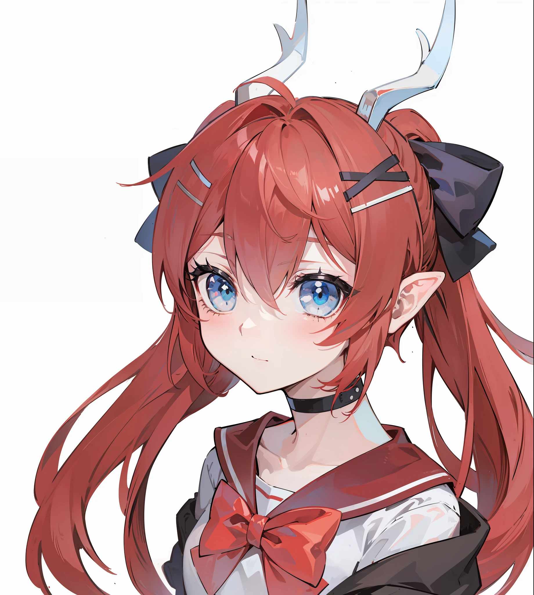 red hair, blue eyes, twintails,Sailor suit,Dragon horns,coat,red Pleated skirt,solo,1girl, arknights, long hair, loli,