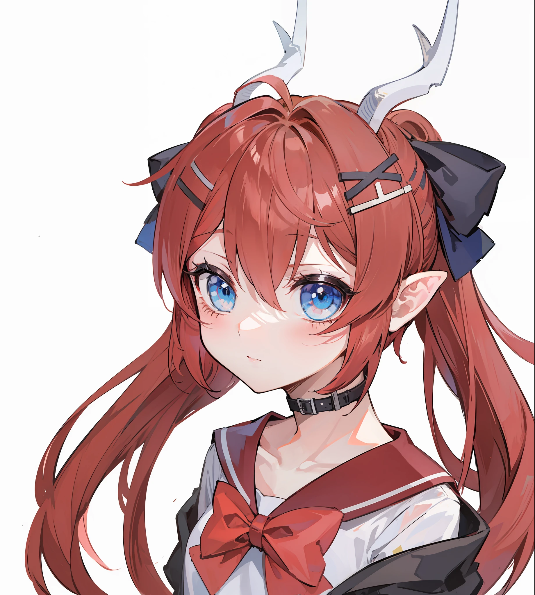 red hair, blue eyes, twintails,Sailor suit,Dragon horns,coat,red Pleated skirt,solo,1girl, arknights, long hair, loli,