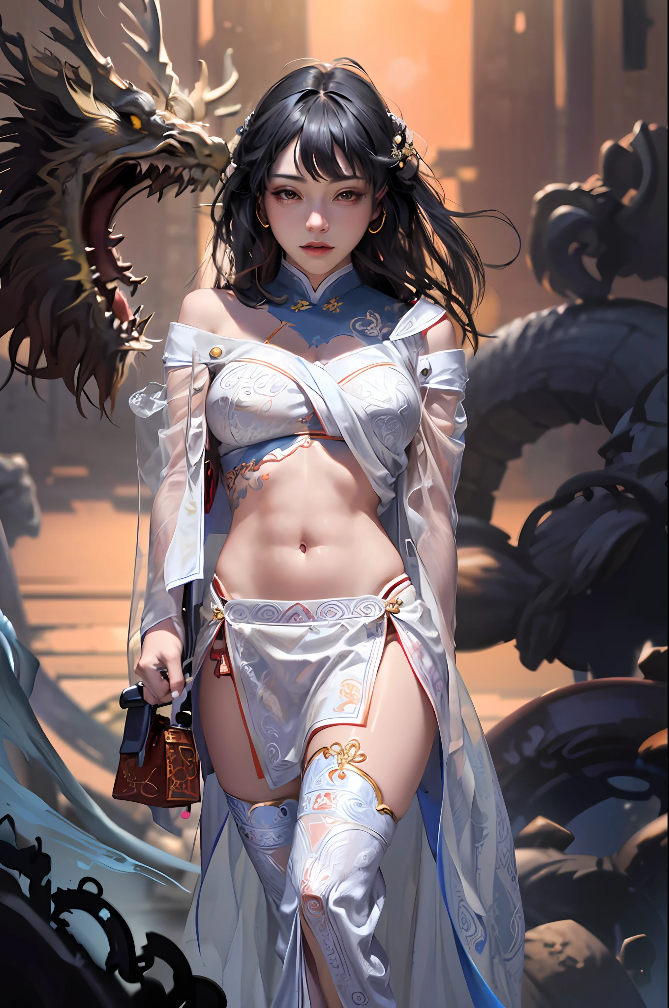 Official Art, Unified 8K Wallpapers, Ultra Detailed, Beautiful and Aesthetic, Masterpiece, Best Quality, (Zentangle, Tangle, Entangle), (fractal art: 1.4), 1girl, black hair, Chinese, bare shoulders, short skirt, calf, navel, very detailed, dynamic angle, cowboyshot, (most beautiful form chaos), flowing, (bright colors), oc, (half: 1.2), china, (thangka flying sky: 1.5), (ribbon: 1.3), (dream: 1.5), (hanfu: 1.5), Chinese dragon, Chinese phoenix, (smile: 0.5), (Chinese deity),