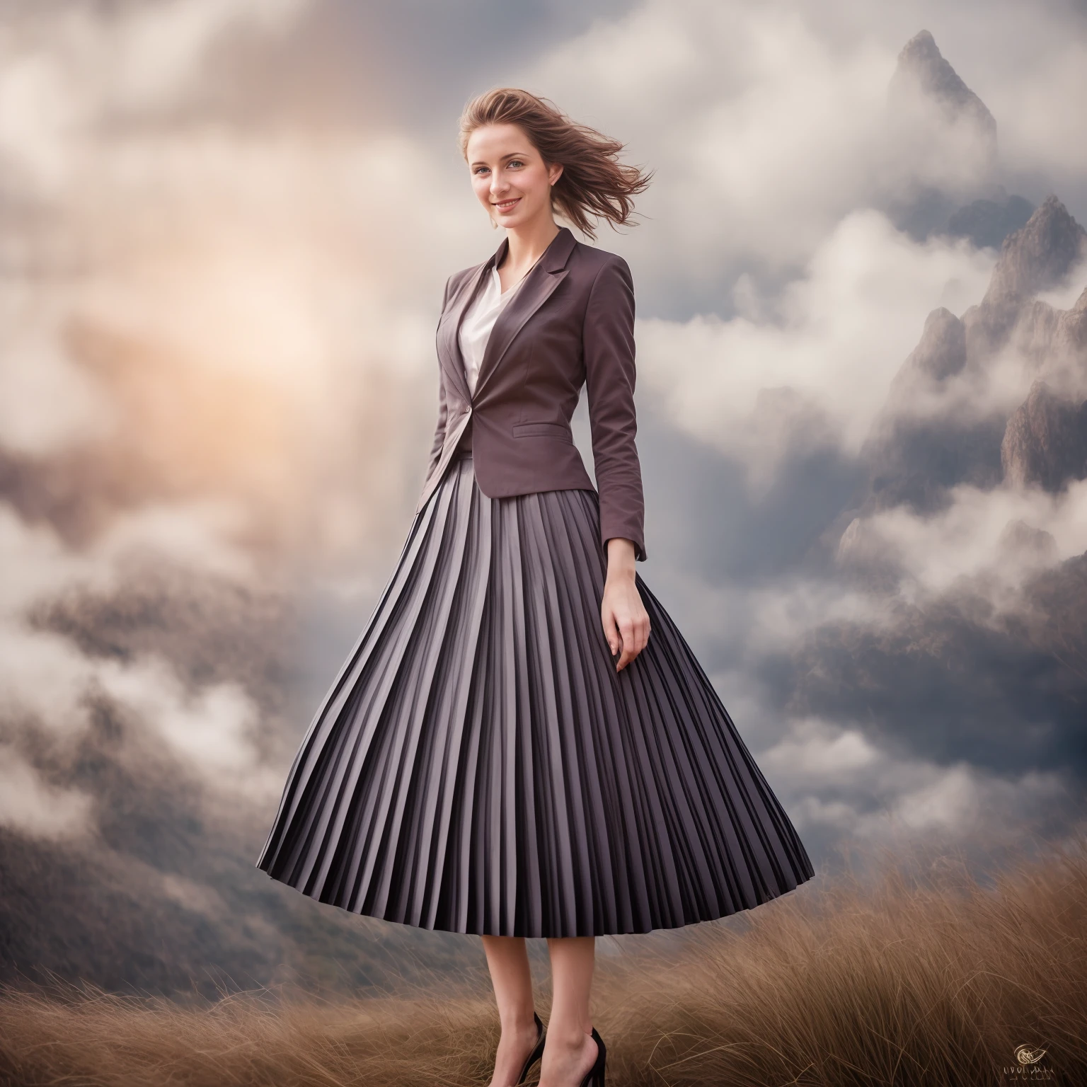 authentic (very shy:1,4 smiling) good woman wearing a short blazer with a very very detailed (long (fully pleated) full circle skirt) and (simple) low heeled office shoes, very very intricate hyper-detailed symmetric (attractive graceful young feminine face) with (sad, tired eyes and shy smile:1,1), full of empathy and compassion and love, (pronounced (feminine) features), (highly detailed ultra accurate realistic) hands and fingers, (windy conditions and wind blowing), epic composition, highly detailed attributes, highly detailed atmosphere, (35mm f1.4 Kodak portra 400 photograph), extremely high quality RAW photograph, intricate, Exquisite details and textures,
