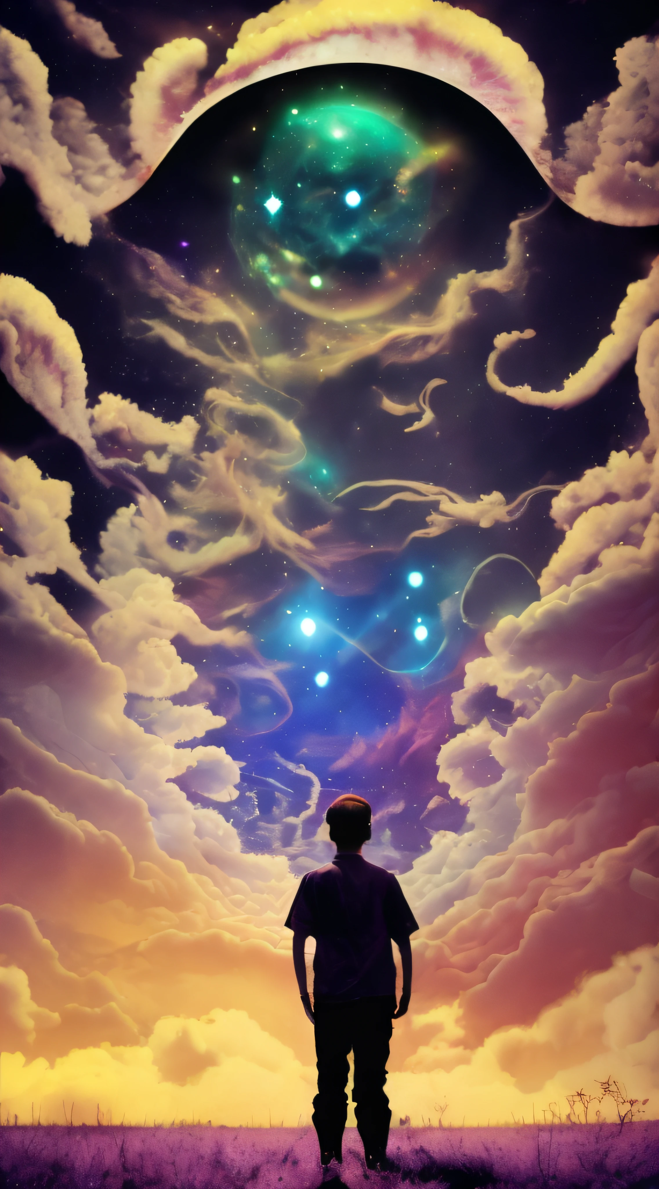 Incredible and spectacular scene, a "((high quality)), (detailed)), ((fantasy)), illustration, perspective (45 degree tilt angle), theme (enchanted forest style), scene elements (handsome boy, beautiful girl), picture quality (3D rendering effect), exquisite details, beautiful lights "emerge from glowing clouds, fractal nebula lines, cosmic entities, celestial bodies, universes, vibrant and vivid, swirling, rotating, impractical, high contrast, co-metabolic, magical, mysterious, mysterious, surreal, Oversaturated, colorful