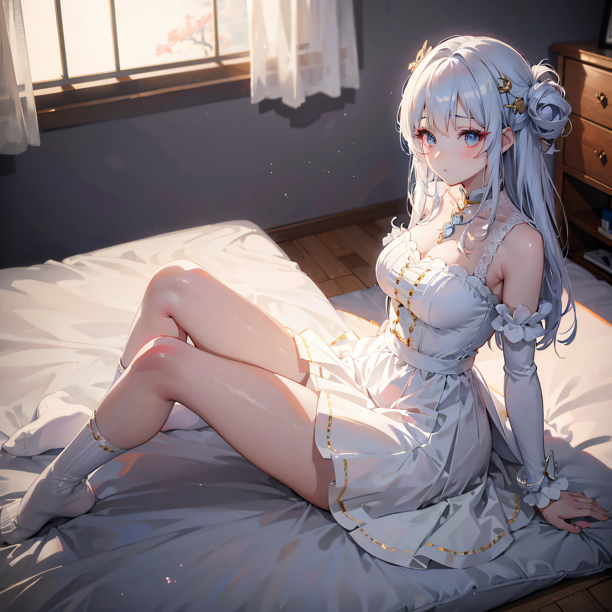 Anime girl sitting in bedroom，White color hair, Anime art wallpaper 8 K, style of anime4 K, cute anime waifu in a nice dress, Anime art wallpaper 4k, Anime art wallpaper 4 K, Guweiz in Pixiv ArtStation, 4K anime wallpaper, Guweiz on ArtStation Pixiv, Loli