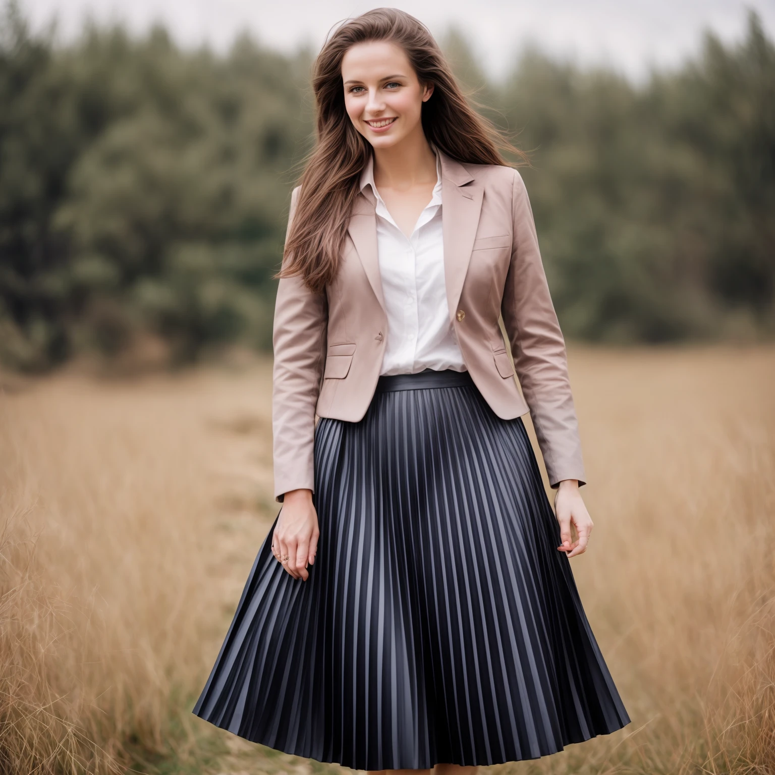 authentic (very shy:1,4 smiling) good woman wearing a short blazer with a very very detailed (long (fully pleated) full circle skirt) and (simple) low heeled office shoes, very very intricate hyper-detailed symmetric (attractive graceful young feminine face) with (sad, tired eyes and shy smile:1,1), full of empathy and compassion and love, (pronounced (feminine) features), (highly detailed ultra accurate realistic) hands and fingers, (windy conditions and wind blowing), epic composition, highly detailed attributes, highly detailed atmosphere, (35mm f1.4 Kodak portra 400 photograph), extremely high quality RAW photograph, intricate, Exquisite details and textures,