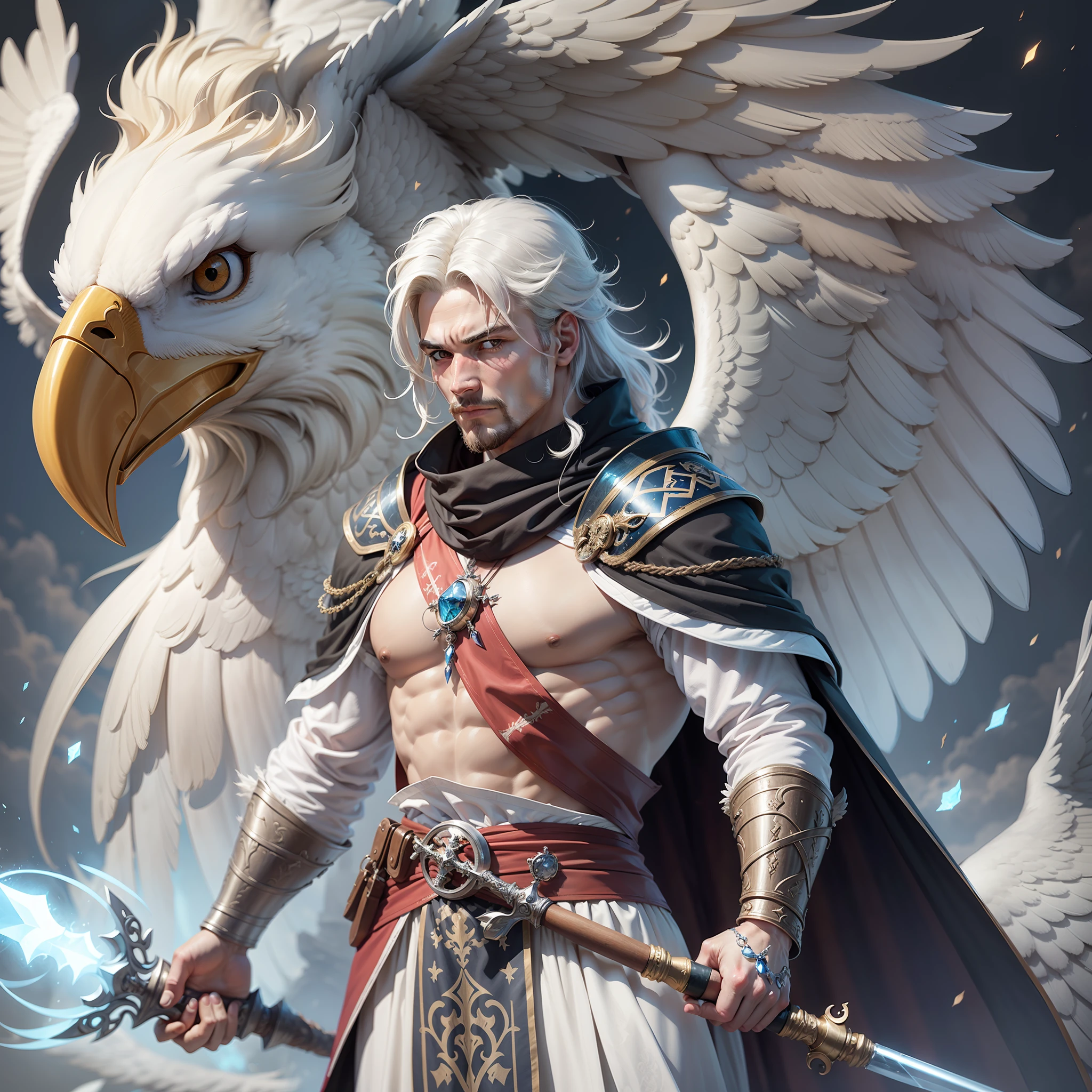 A legendary white wizard with an angelic appearance,um corpo magro, olhos afundados, tinta tribal ao redor dos olhos e longos cabelos pretos. He wears a medieval Celtic tunic with two crossed eagles carved into his clothing and wields an eagle staff covered with a blue crystal. Its presence is striking when it reaches the full extent on the reference sheet. --auto --s2