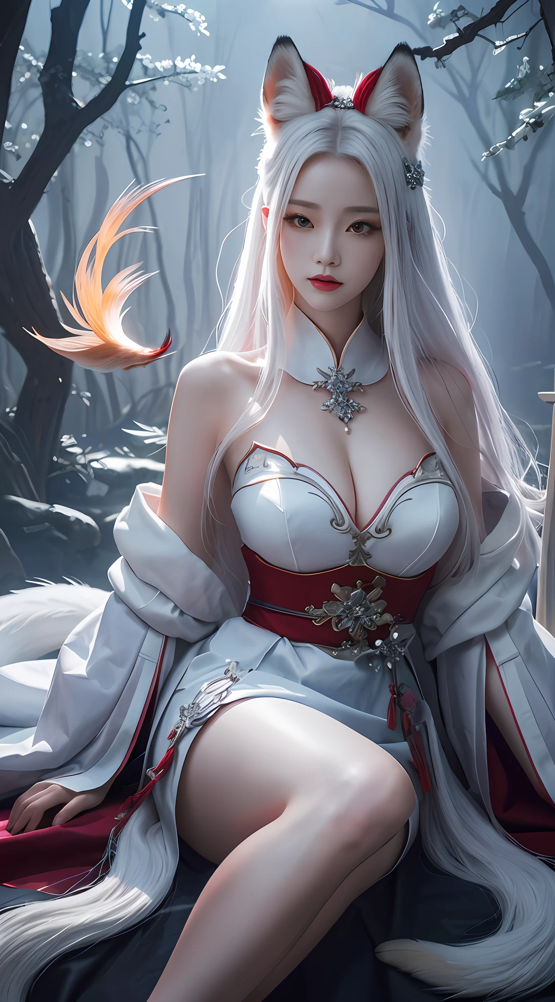 1girl,独奏,tmasterpiece,beautifuldetails,Extremely colorful,Exquisite details,Delicate lips,The details are complex,Realiy,Ultra photo realsisim,A girl and a white-haired fox sit on a branch:1.1,Large breasts,Raised sexy,seductiv,ethereal fox,nine tail fox,Fox three-tailed fox,Onmyoji detailed art,Nine tails,A beautiful artwork illustration,mythological creatures,red fox,Beautiful digital artwork,Exquisite digital illustration,mizutsune , Inspired by the mythical creature wildnet,Digital art on Pixiv,strong lights,hight contrast,Horror movie theme,Dark atmosphere,The art of fine painting,Perfect visual composition。