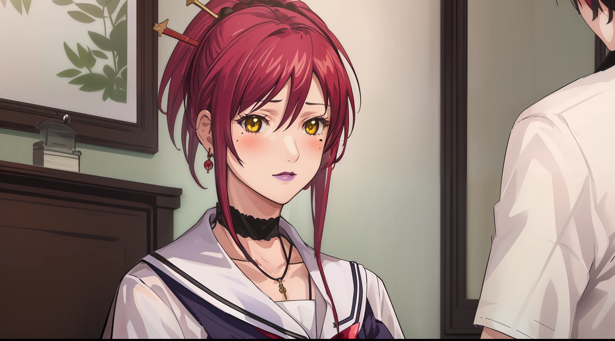 (Masterpiece, Best Quality, High Quality:1.4), professional artwork, Intricate Details, field of view, sharp focus, detailed painting, photorealistic lighting, trending on pixiv, 1girl, (vivid lighting, vibrant colors:1.05), realistic shadows, ambient occlusion,
Marie Mamiya, mature female, milf, solo, (curvy:1.1), luxury room, (half body shot:1.1), looking at viewer,
(red hair:1.05), hair ornament, lipstick, makeup, (mole under eye:0.9), choker, ultra detail hair, ultra detail face, (yellow glowing eyes:1.05), perfect eyes, perfect face, perfect retina, earrings, (seductive look, blush:1.15),
(school_uniform:1.4), choker, necklace, fingernails,
(Large Breasts:1.15)