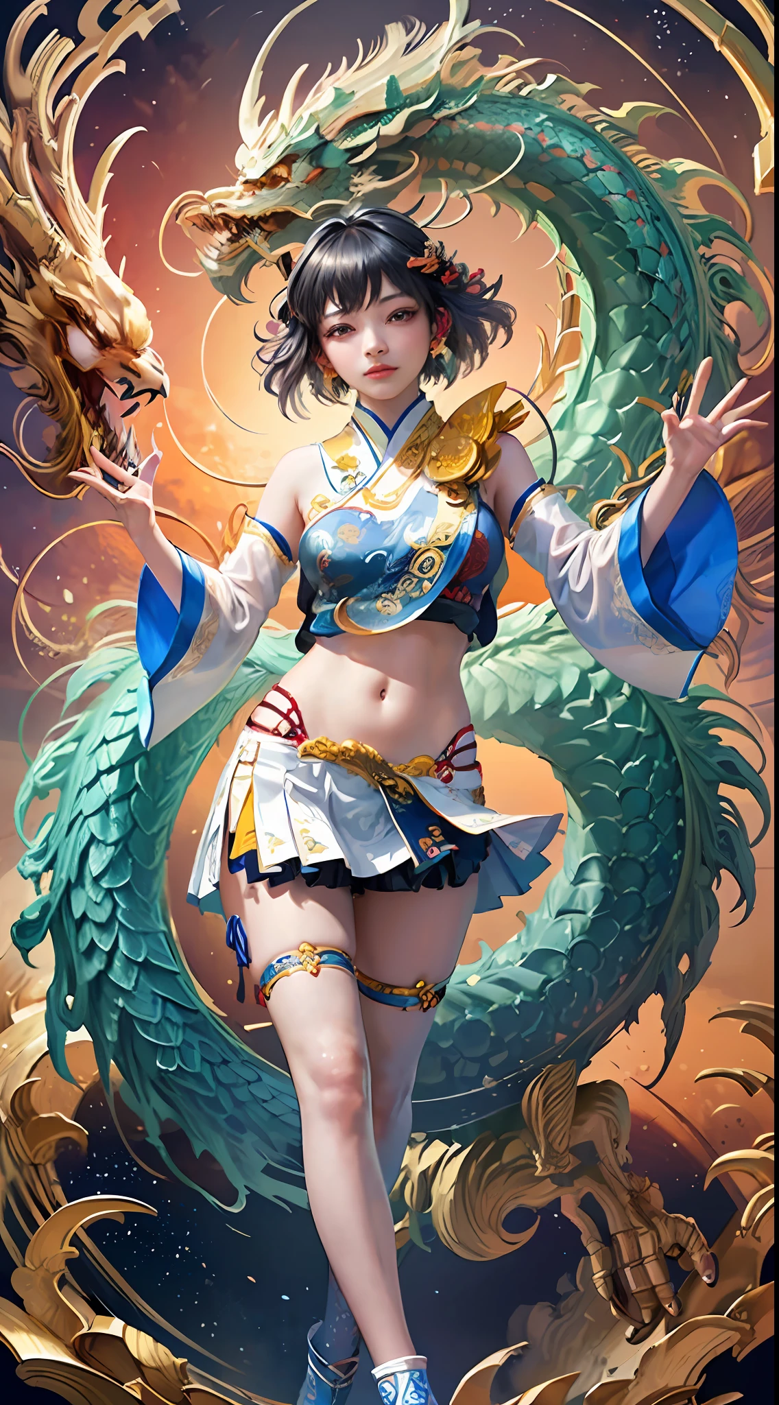 Official Art, Unified 8K Wallpapers, Ultra Detailed, Beautiful and Aesthetic, Masterpiece, Best Quality, (Zentangle, Tangle, Entangle), (fractal art: 1.4), 1girl, black hair, Chinese, bare shoulders, short skirt, calf, navel, very detailed, dynamic angle, cowboyshot, (most beautiful form chaos), flowing, (bright colors), oc, (half: 1.2), china, (thangka flying sky: 1.5), (ribbon: 1.3), (dream: 1.5), (hanfu: 1.5), Chinese dragon, Chinese phoenix, (smile: 0.5), (Chinese deity),