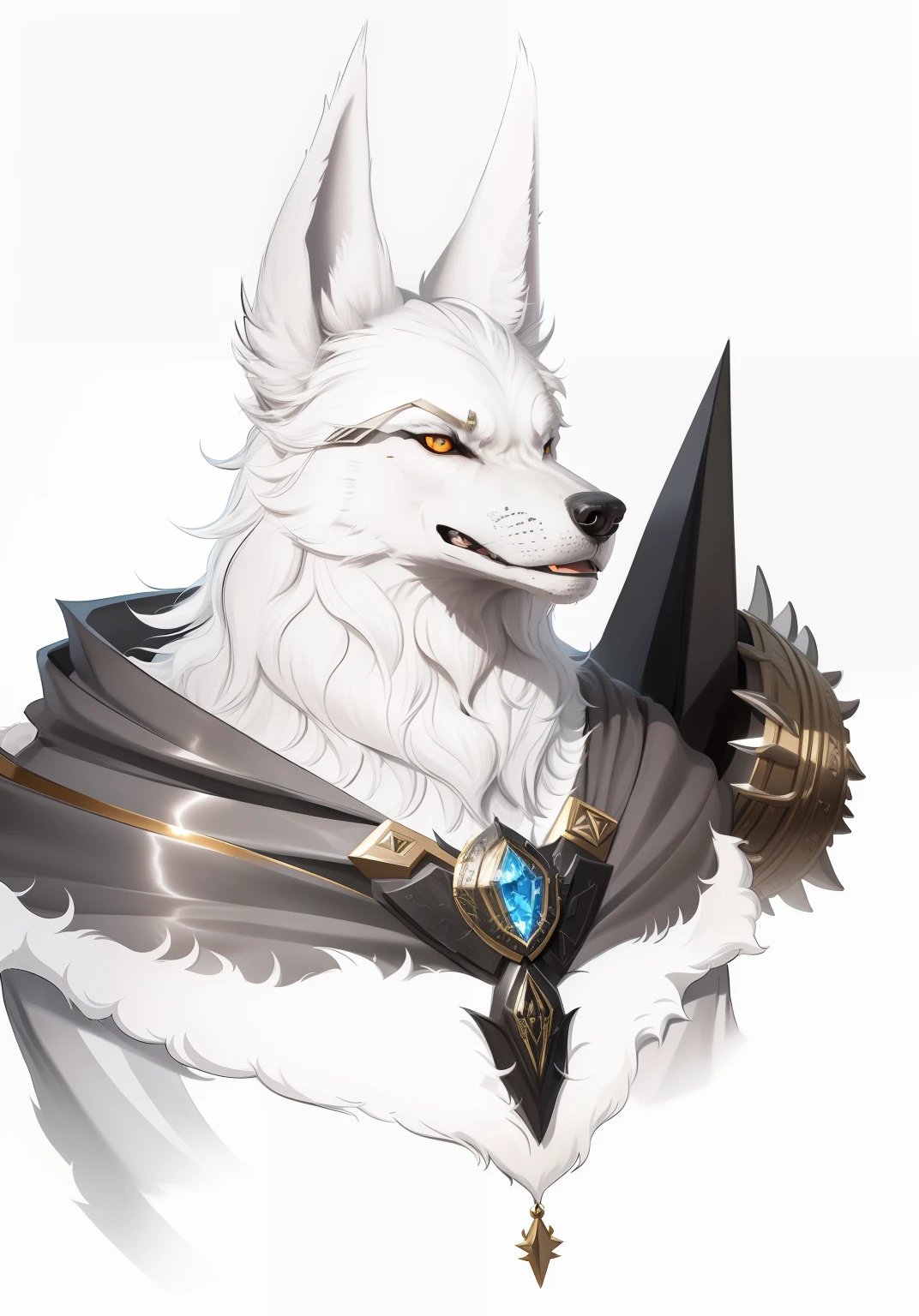 Werewolf in a cloak,anthro wolf face, professional furry drawing, White hair,Black cape,Black and gold,furry character portrait,an anthro wolf, wearing intricate fur armor, Armour,egyption,Anubis,Thick coating,CG,magia,Metal animal motif,Large metal beast head and shoulders armor,Metal edges,Textured,Pattern,Pedras preciosas,Refinement,Fine painting,Refinement,8K,infinite details