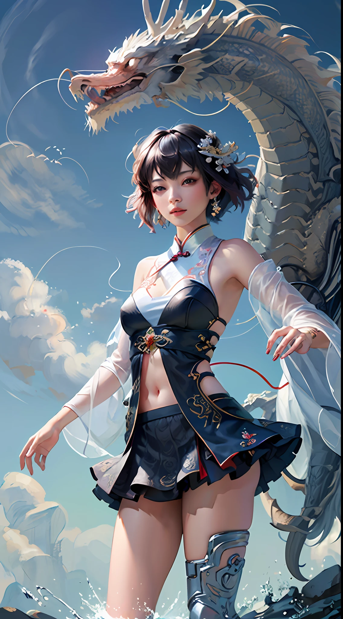 Official Art, Unified 8K Wallpapers, Ultra Detailed, Beautiful and Aesthetic, Masterpiece, Best Quality, (Zentangle, Tangle, Entangle), (fractal art: 1.4), 1girl, black hair, Chinese, bare shoulders, short skirt, calf, navel, very detailed, dynamic angle, cowboyshot, (most beautiful form chaos), flowing, (bright colors), oc, (half: 1.2), china, (thangka flying sky: 1.5), (ribbon: 1.3), (dream: 1.5), (hanfu: 1.5), Chinese dragon, Chinese phoenix, (smile: 0.5), (Chinese deity),