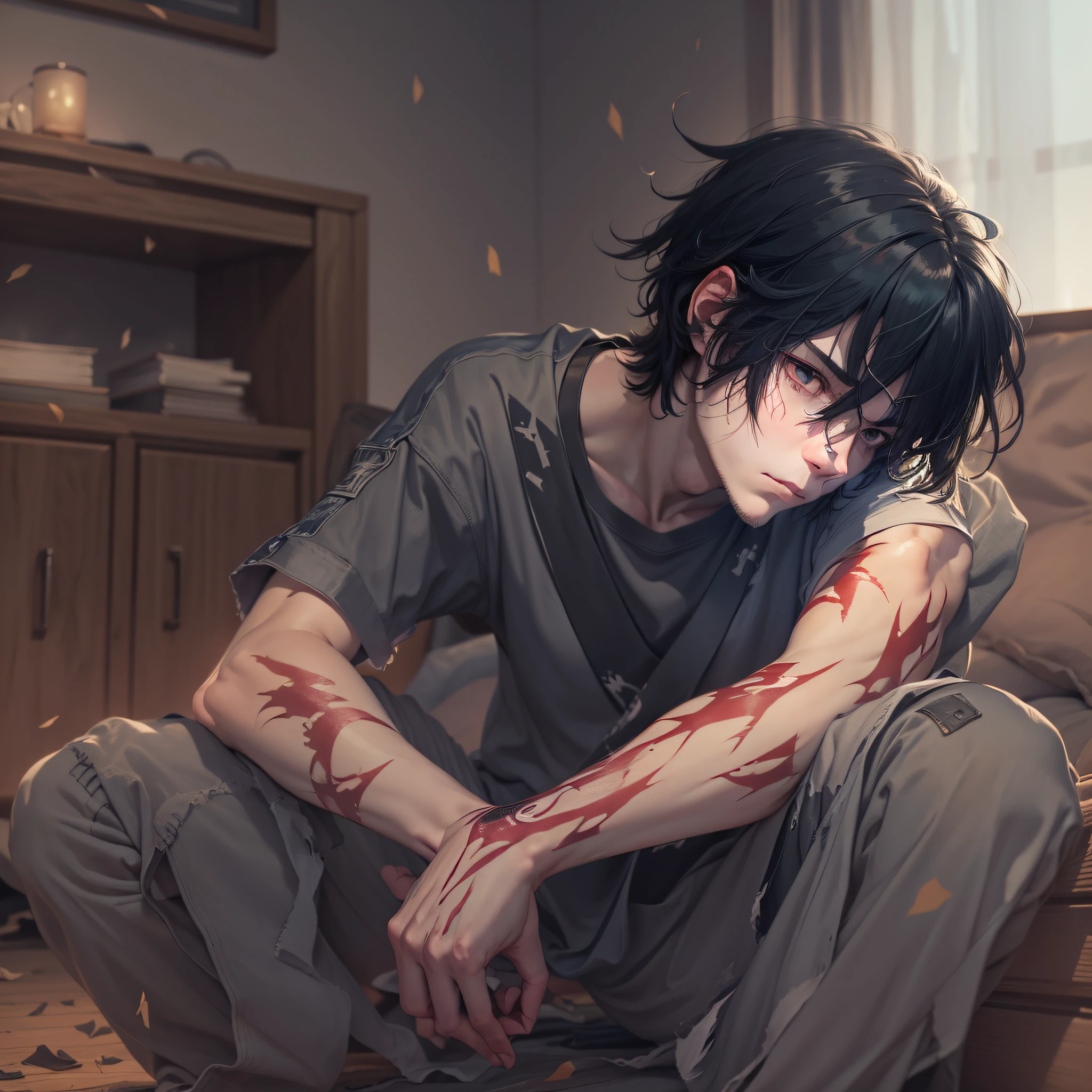 The man has scars on his arms,Fall to the ground background living room, Black hair, Sad, Anime style, 8K --auto