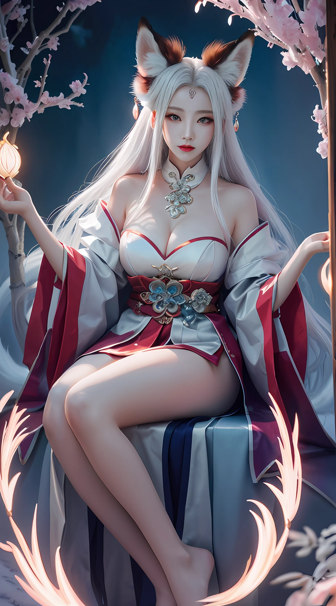 1girl,独奏,tmasterpiece,beautifuldetails,Extremely colorful,Exquisite details,Delicate lips,The details are complex,Realiy,Ultra photo realsisim,A girl and a white-haired fox sit on a branch:1.1,Large breasts,Raised sexy,seductiv,ethereal fox,nine tail fox,Fox three-tailed fox,Onmyoji detailed art,Nine tails,A beautiful artwork illustration,mythological creatures,red fox,Beautiful digital artwork,Exquisite digital illustration,mizutsune , Inspired by the mythical creature wildnet,Digital art on Pixiv,strong lights,hight contrast,Horror movie theme,Dark atmosphere,The art of fine painting,Perfect visual composition。