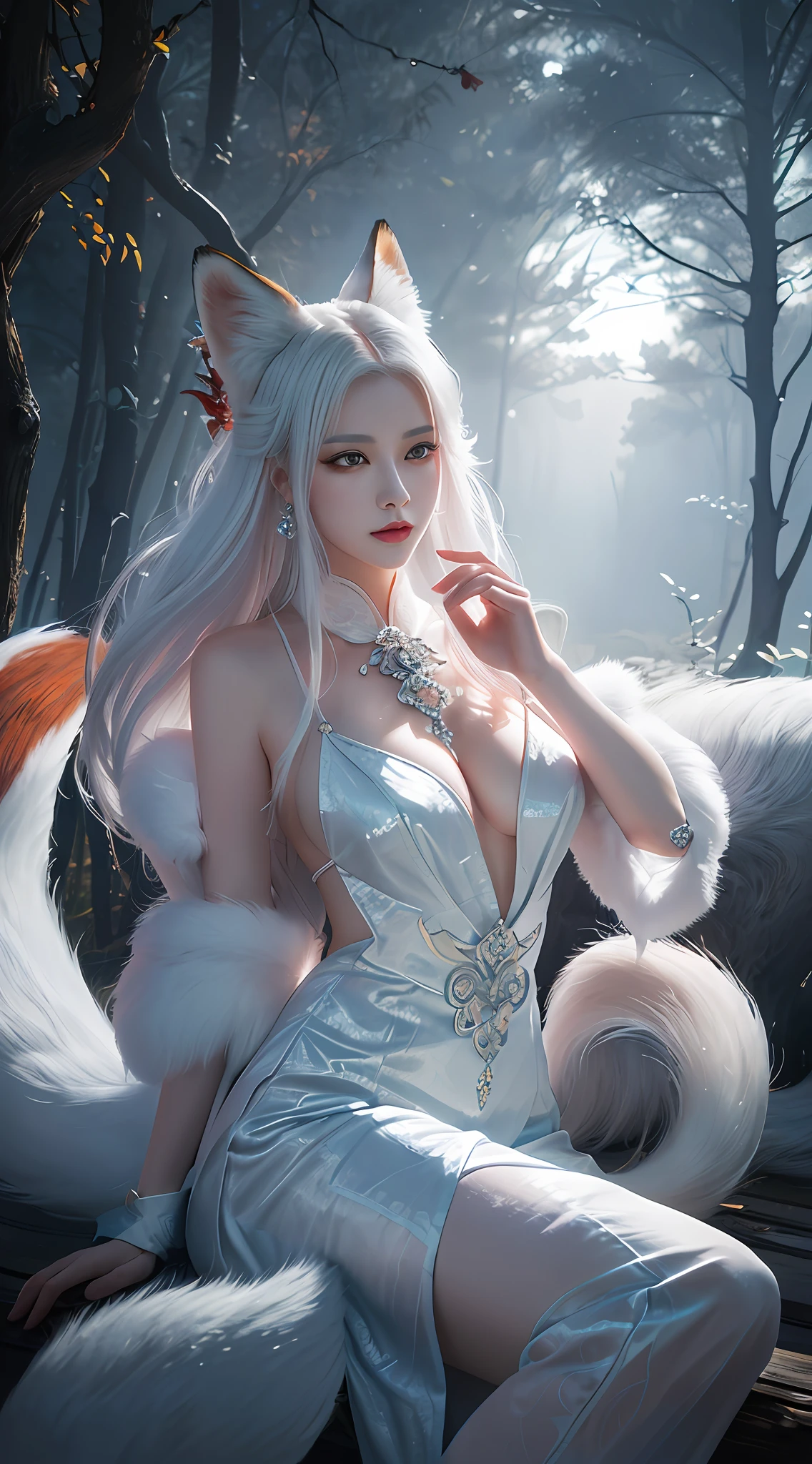 tmasterpiece,beautifuldetails,extremely colorful,Exquisite details,Delicate lips,The details are complex,Realiy,Ultra photo realsisim,A girl with a white-haired fox sitting on a branch:1.1,Large breasts,Raised sexy,seductiv,ethereal fox,nine tail fox,Fox three-tailed fox,Onmyoji detailed art,Nine Tails,a beautiful artwork illustration,mythological creatures,red fox,Beautiful digital artwork,Exquisite digital illustration,mizutsune , Inspired by the mythical creature wildnet,Digital art on Pixiv,strong lights,hight contrast,Horror movie theme,Dark atmosphere,The art of exquisite painting,Perfect visual work。