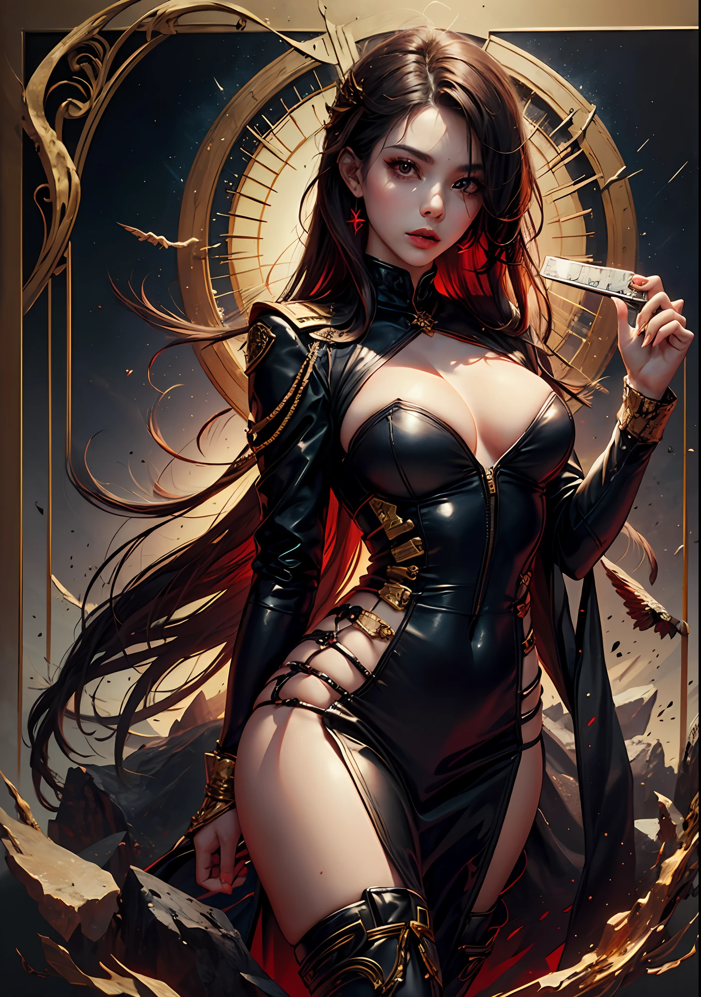 1girll, red pupils,Red long-haired,crisp breasts,Convex buttocks,Bare legged,black heels,White bandeau dress decorated with gold patterns,He wears a black trench coat,There is a red laser sword in his hand,starrysky,kosmos,Detailed background,Clothing details,perfectly proportioned, Cinematic lighting, filmgrain, Fuji colors, lightand shade contrast, 8K, 巨作, Textured skin, Super detail, high detal, high qulity, A high resolution,