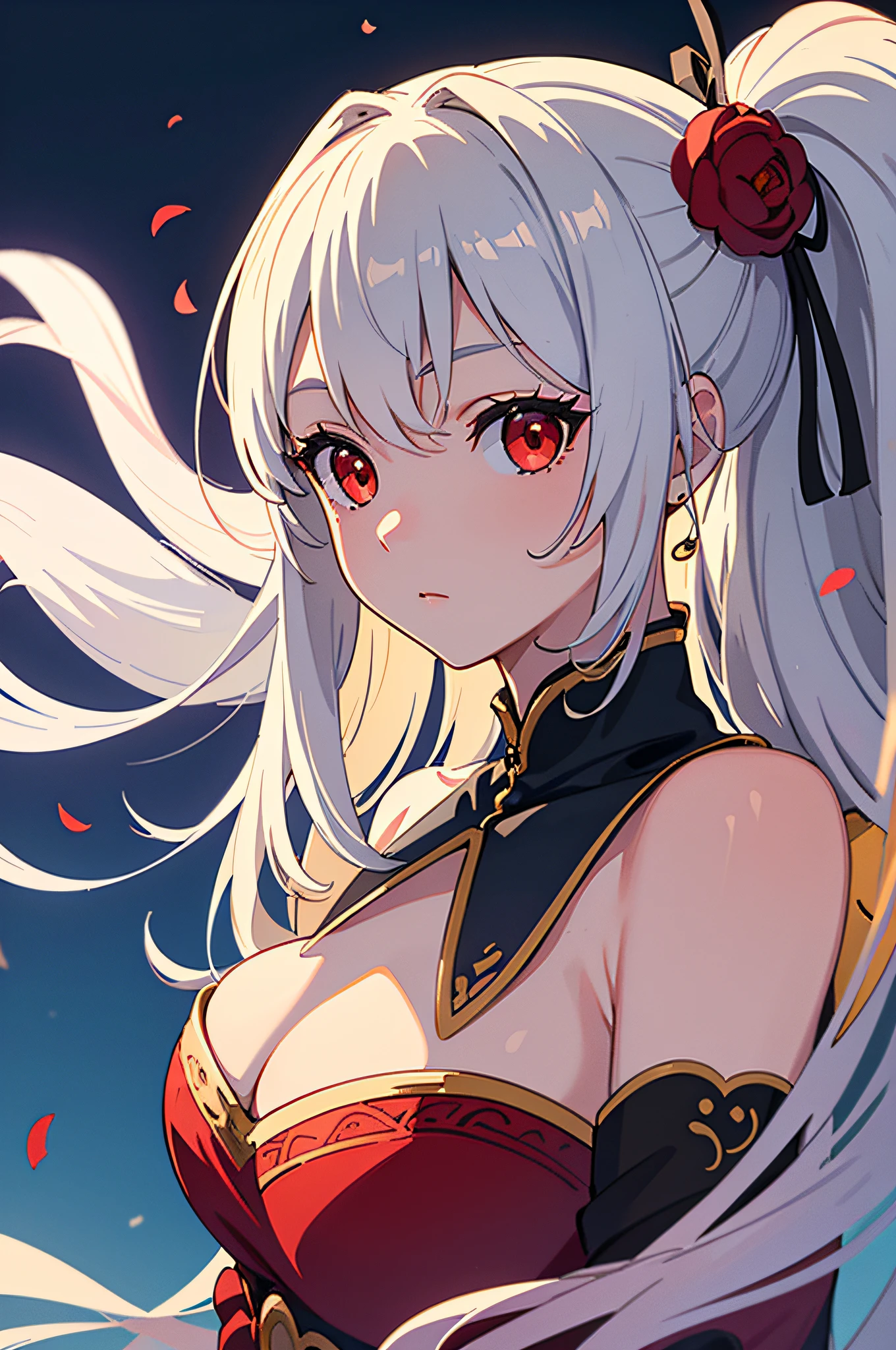 (Masterpiece:1.2, Best quality), (fine detailed beautiful eyes: 1.2), ((1girll)), ((Solo)), (Red eyes:1.4), (finely detailed eyes and detailed face:1.3), (beautiful and clear background:1.2), (Extremely detailed CG, Ultra-detailed, Best shadow:1.1), ((Depth of field)), ((aquarelle)), (their:1.5), (komono:1.3), Large breasts, Bare shoulders, flowers and petals, Beautiful concept illustration, (White background:0.5), (illustration:1.1), (Extremely fine and beautiful:1.1), (Perfect details:1.1), From the side Side, Cowboy shot,