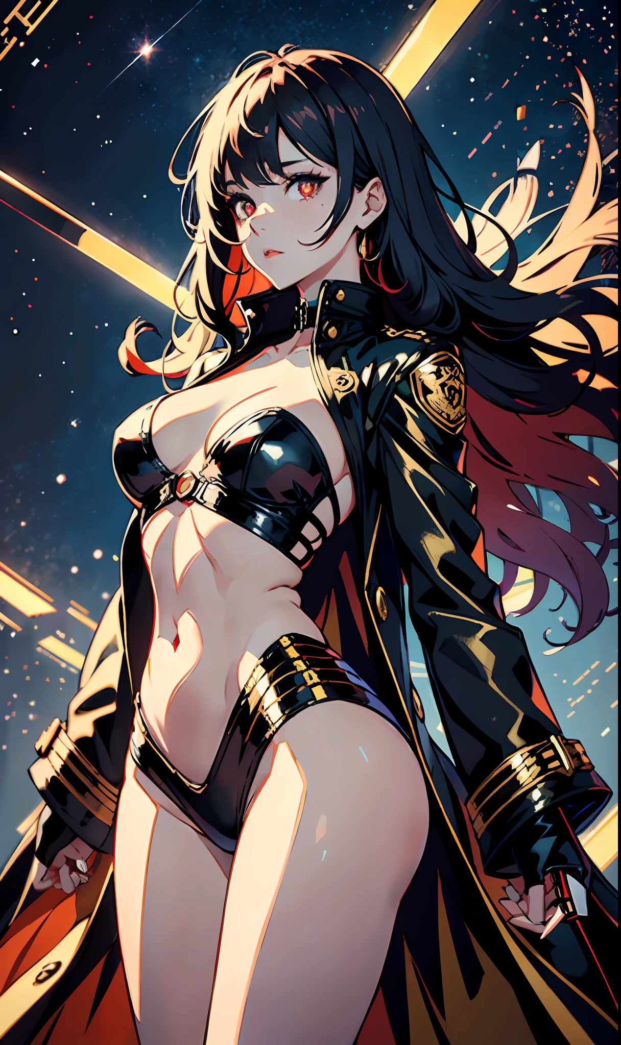 1girll, red pupils，Red long-haired，crisp breasts，Convex buttocks，Bare legged，Black heels，White bandeau dress，Decorated with a gold pattern，He wears a black trench coat，He held a red laser sword in his hand，starrysky，kosmos，Detailed background，Clothing details，perfectly proportioned, Cinematic lighting, filmgrain, Fuji colors, lightand shade contrast, 8K, 巨作, Textured skin, Super detail, high detal, high qulity, A high resolution,