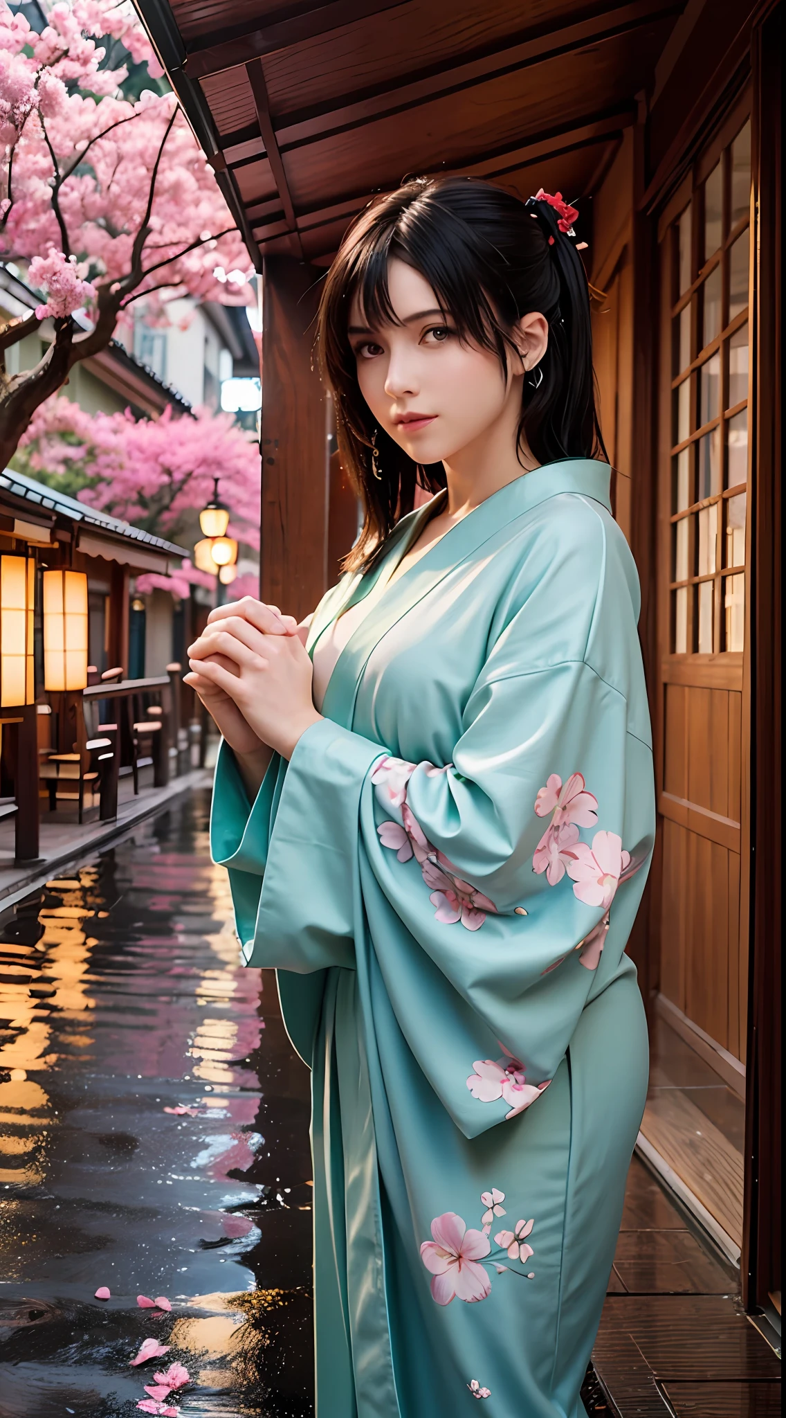 (Masterpiece, high resolution, illustration:1.3),half-body photo， Charming schoolgirl, closeup of face，(Flowing russet hair:1.2), Emerald green eyes, (Traditional samurai costume:1.1), Sakura themed kimono, , Old stone paved streets, Tokyo in cherry blossom season, (Petals flutter in the rain:1.2), misterious ambience, (illuminated lanterns:1.1), Comfortable storefront, Traditional wooden house, (Tranquil water reflection:1.2), pensive expression, tranquil ambiance, Gentle raindrops, Diagonal composition, Top-down perspective, Fantastic color scheme, Poetic storytelling.