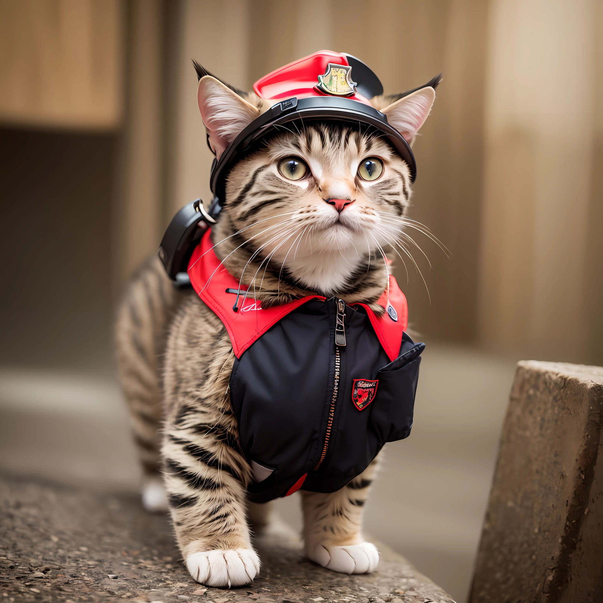 Gatito vestido como un bombero. Realistic. 8k. High quality. Ultra detallada