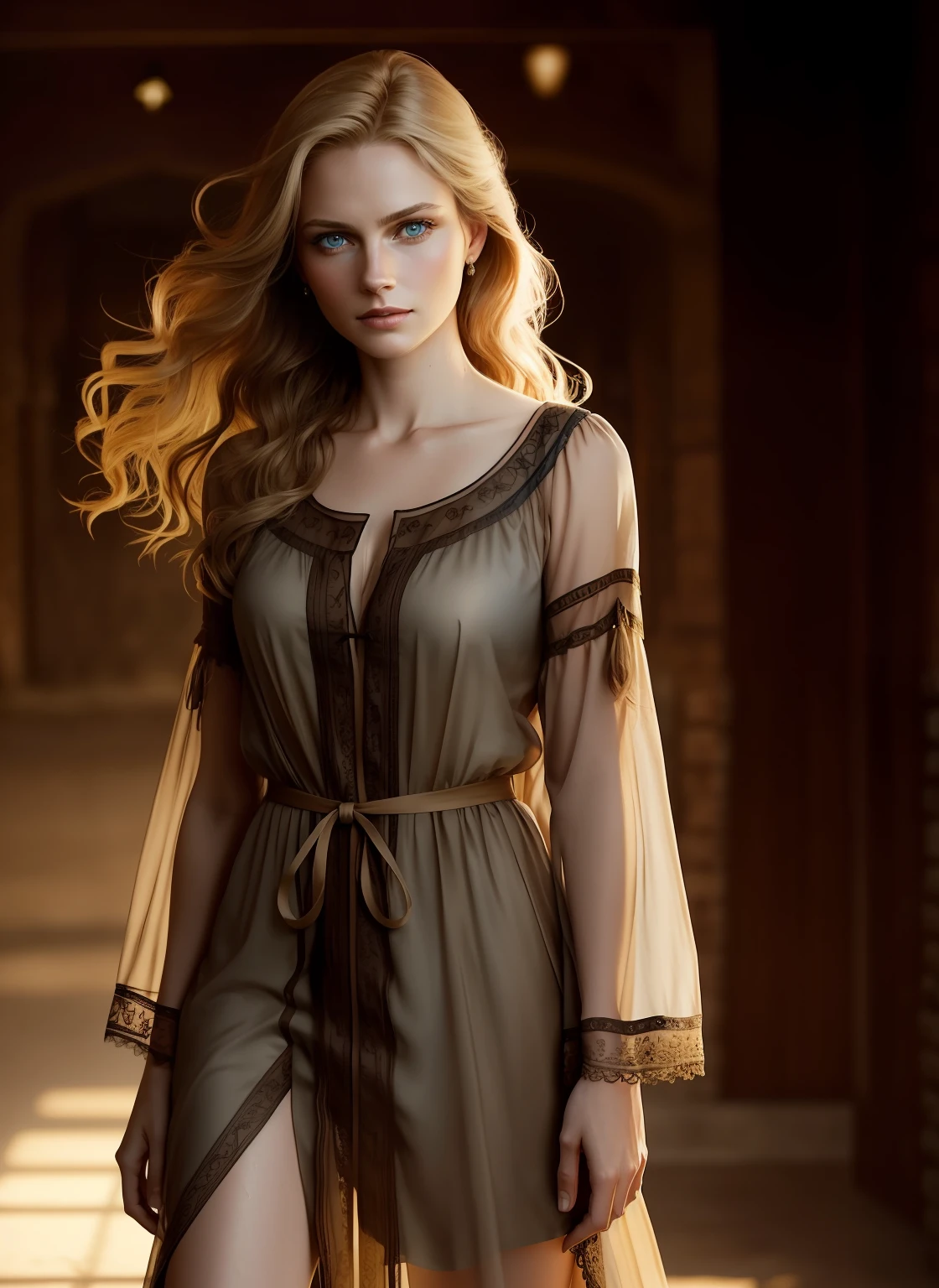 full body photographed, Beautiful young woman in sheer western dress, Sateen, Clothes are wet, blue eyes, Sad face, visible through the hair, proper eye position, natural skin, back light, cinematiclight, bezel light, soft light, thights, at nighttime, city backdrop, Detailed colored background, intrikate, higly detailed, Octane rendering, HD, 8K, Annie Leibovitz