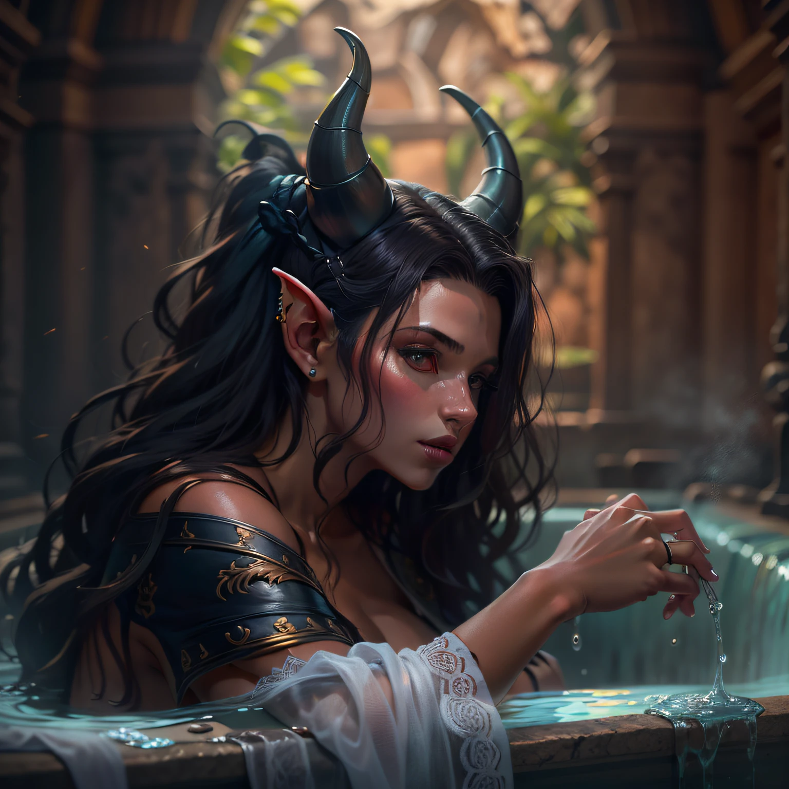 uma mulher tiefling bonita tomando banho nua de corpo inteiro, cabelos muito longos preto com franja, Arte fantasia, Arte realista, medieval, 4k, arte detalhada