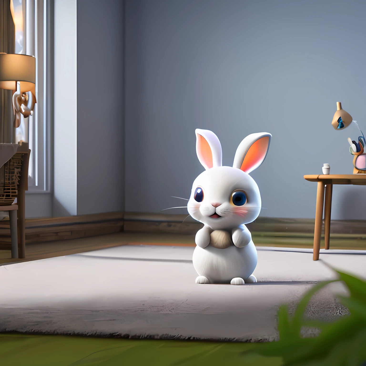 Cute adorable little bunny waving and smiling greeting me, unreal engine, cozy interior lighting, art station, detailed digital painting, cinematic, character design by mark ryden and pixar and hayao miyazaki, unreal 5, daz, hyper realistic, octane render, 3DMDT1