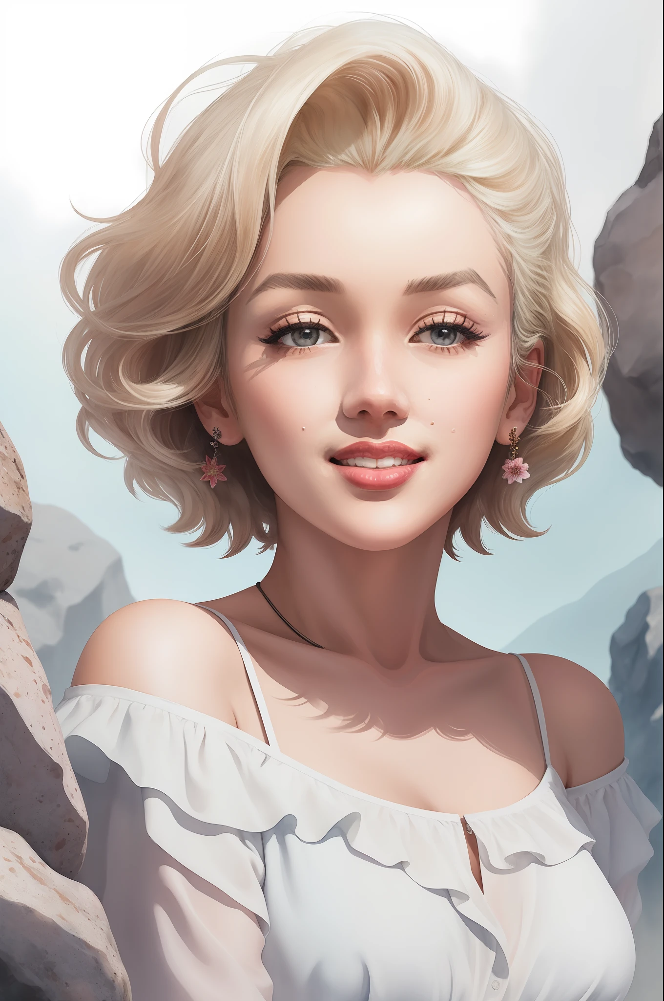 ((Marilyn Monroe stechu)), 25 year old, Midian breast, off shoulder, (white background:1.4), ((tachi-e)), original,(illustration:1.1),(best quality),(masterpiece:1.1),(extremely detailed CG unity 8k wallpaper:1.1), (colorful:0.9),(panorama shot:1.4),(solo:1.2), (ink splashing),(color splashing),((watercolor)), clear sharp focus,{ 1girl standing },((korean style )),flower background,outdoors,rocks, looking at viewer, make happy expressions,soft smile,pure,beautyfull detailed face and eyes,beautyfull intricacy clothing decorative pattern details, black hair,black eyes,colorwater