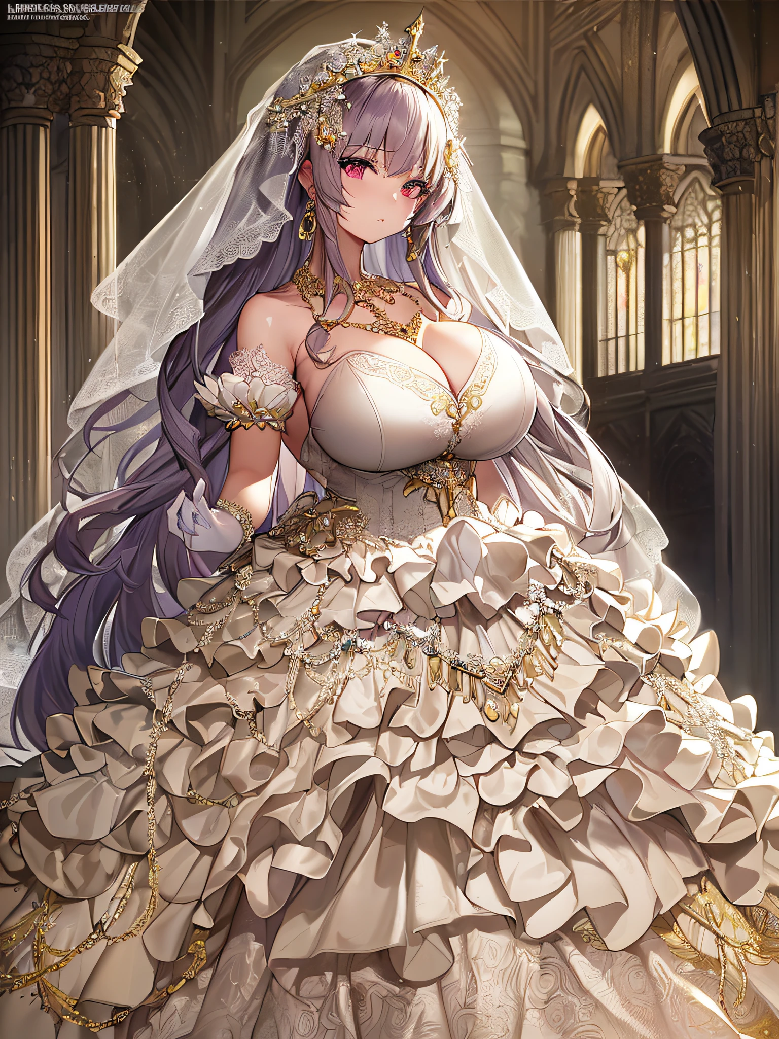 ((anime artstyle)),(Masterpiece),(Best Quality), (Super Detail),((Very Delicate and Beautiful)),Focus on character,Dynamic Angle,Looking at viewer,((Solo)),standing,((full body)),((one princess in gorgeousfull BlingBling wedding dress with voluminous skirt)),((June bride)),detailed face and eyes,jewel-like eyes,((Very Long voluminous Hair)),gorgeous embroidery and lace,((gorgeous corsage)),See-through,(Gorgeous jewelry ornaments),luxury hair ornament,BlingBling luxury tiara with jewels,ornate ruffles,((gigantic breasts,Long breasts)),indoor,church wedding,((full body)),hoop skirt,crinoline,very long gorgeousfull wedding veil,(((jeweled gorgeous embroidery BlingBling wedding dress)))